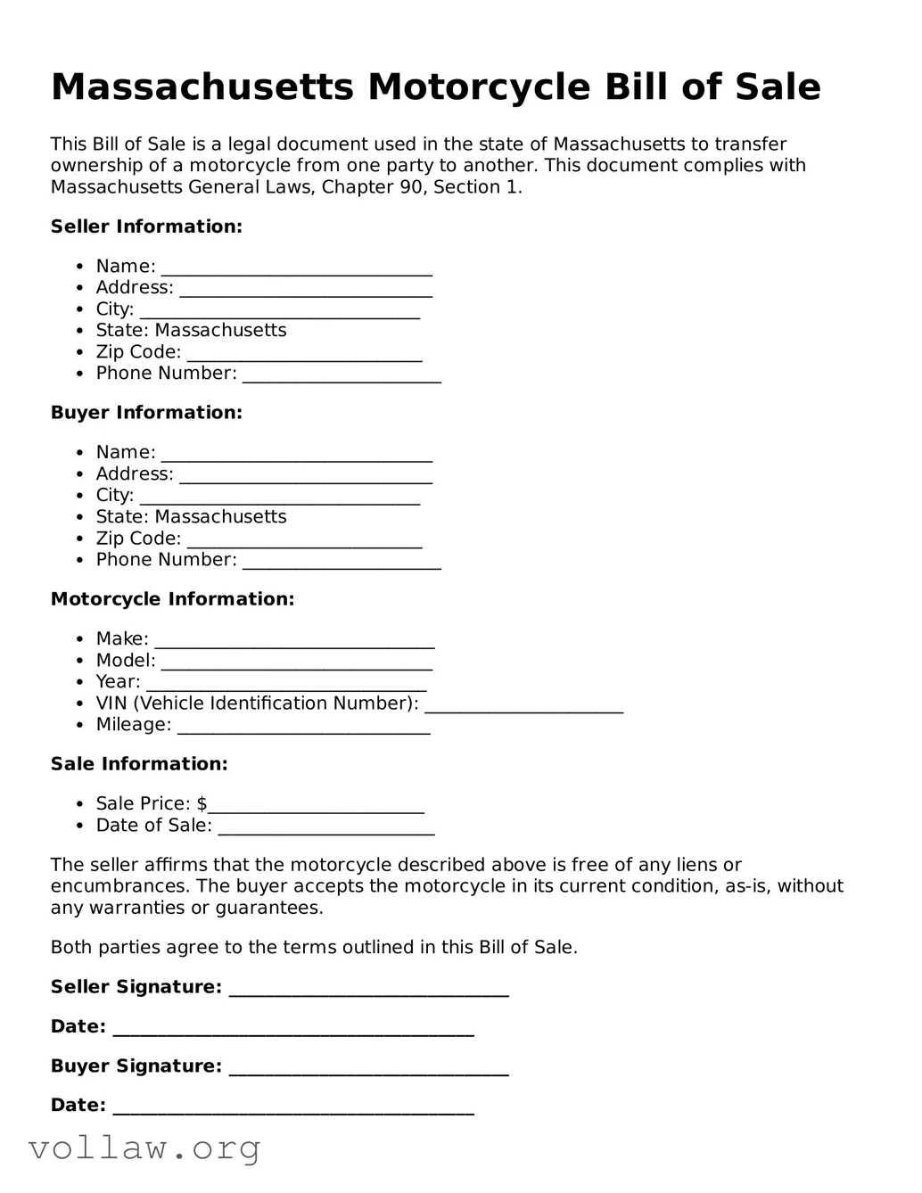 Attorney-Verified  Motorcycle Bill of Sale Form for Massachusetts