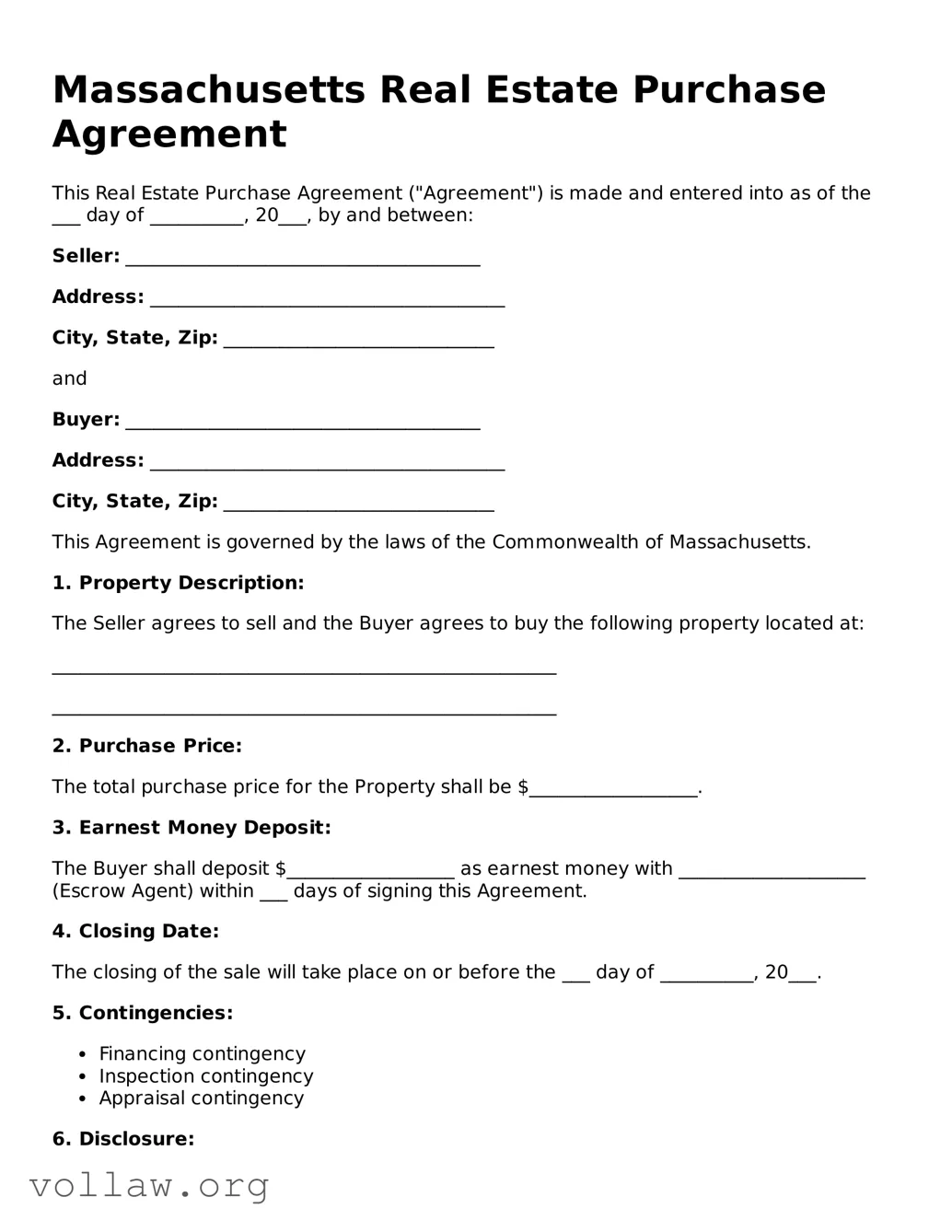 Attorney-Verified  Real Estate Purchase Agreement Form for Massachusetts