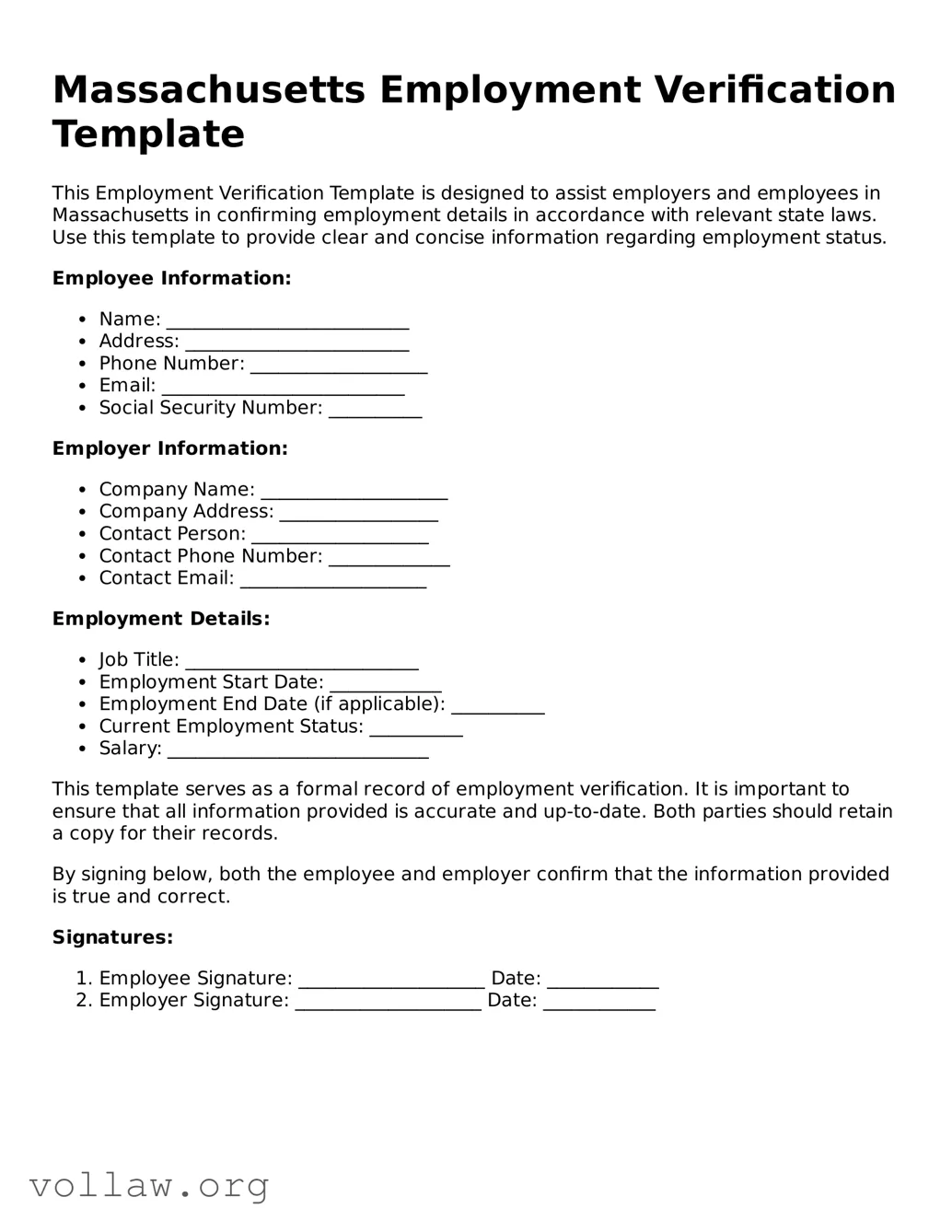 Attorney-Verified  Employment Verification Form for Massachusetts