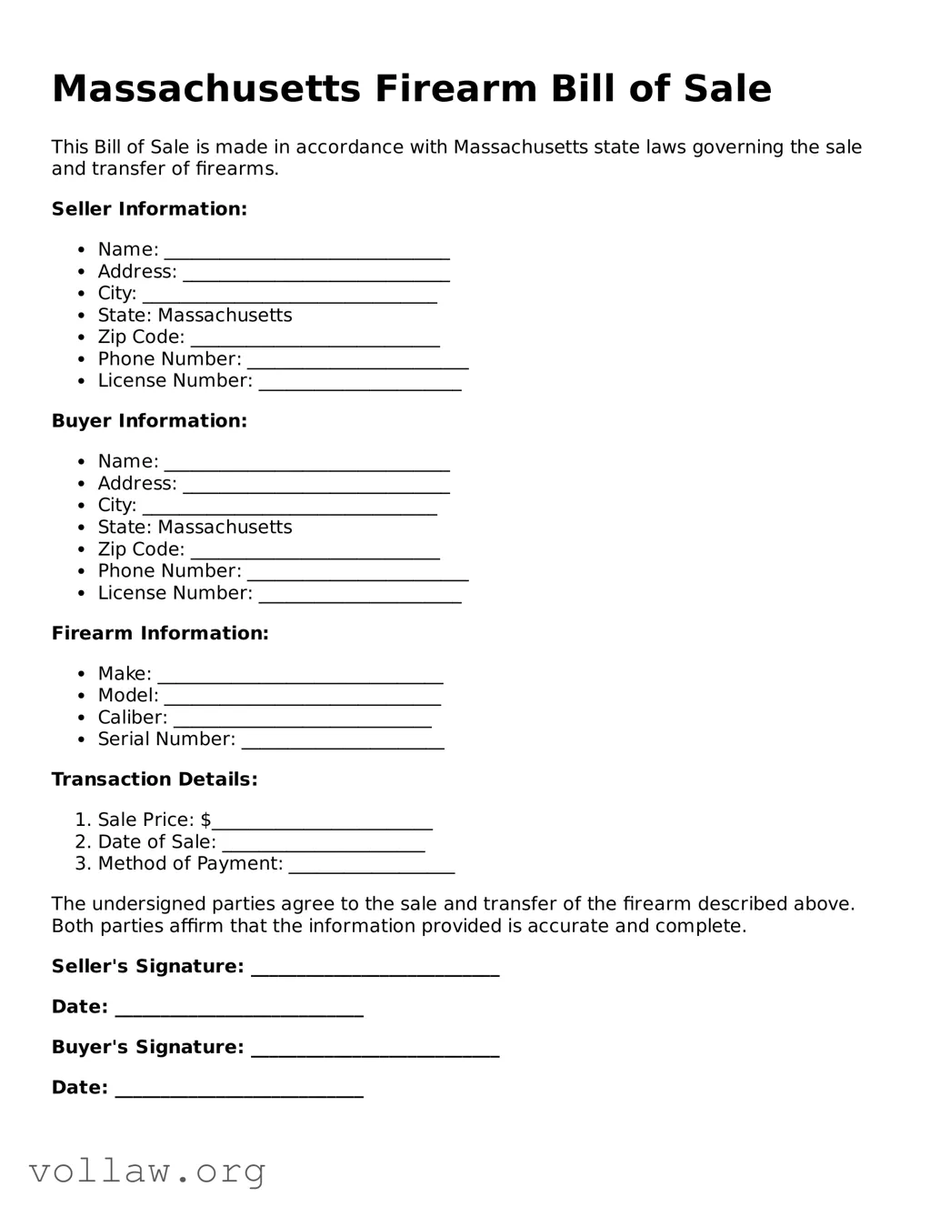 Attorney-Verified  Firearm Bill of Sale Form for Massachusetts