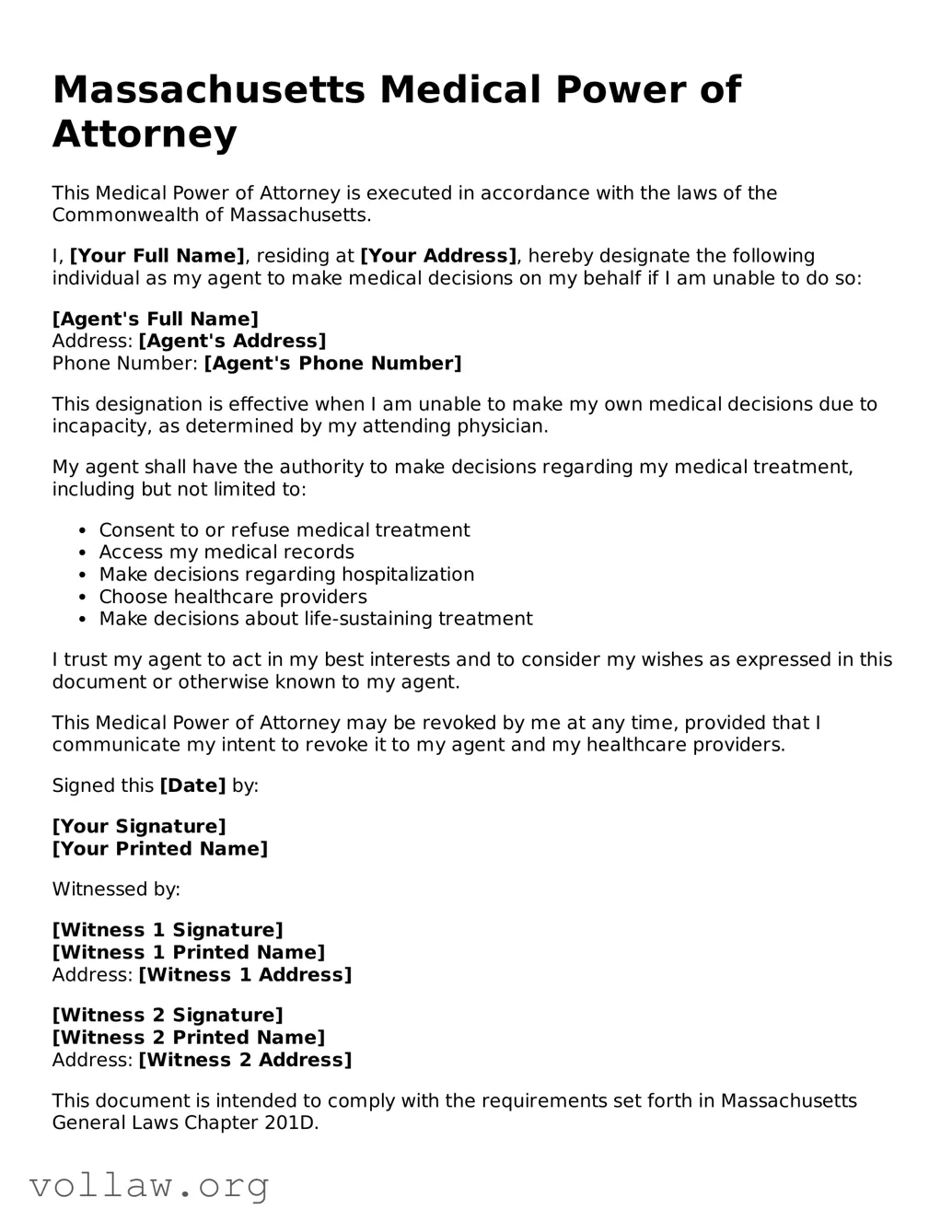 Attorney-Verified  Medical Power of Attorney Form for Massachusetts
