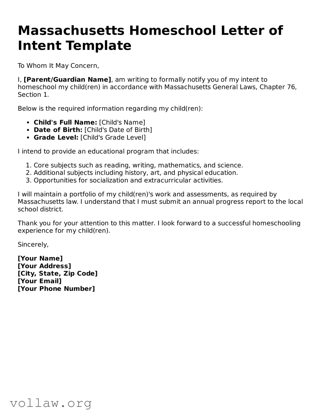 Attorney-Verified  Homeschool Letter of Intent Form for Massachusetts
