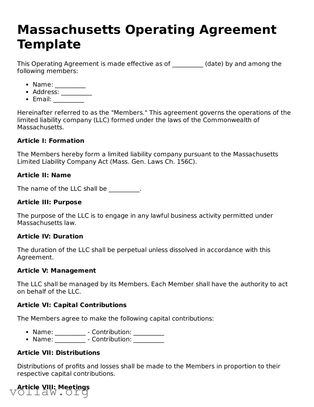 Attorney-Verified  Operating Agreement Form for Massachusetts
