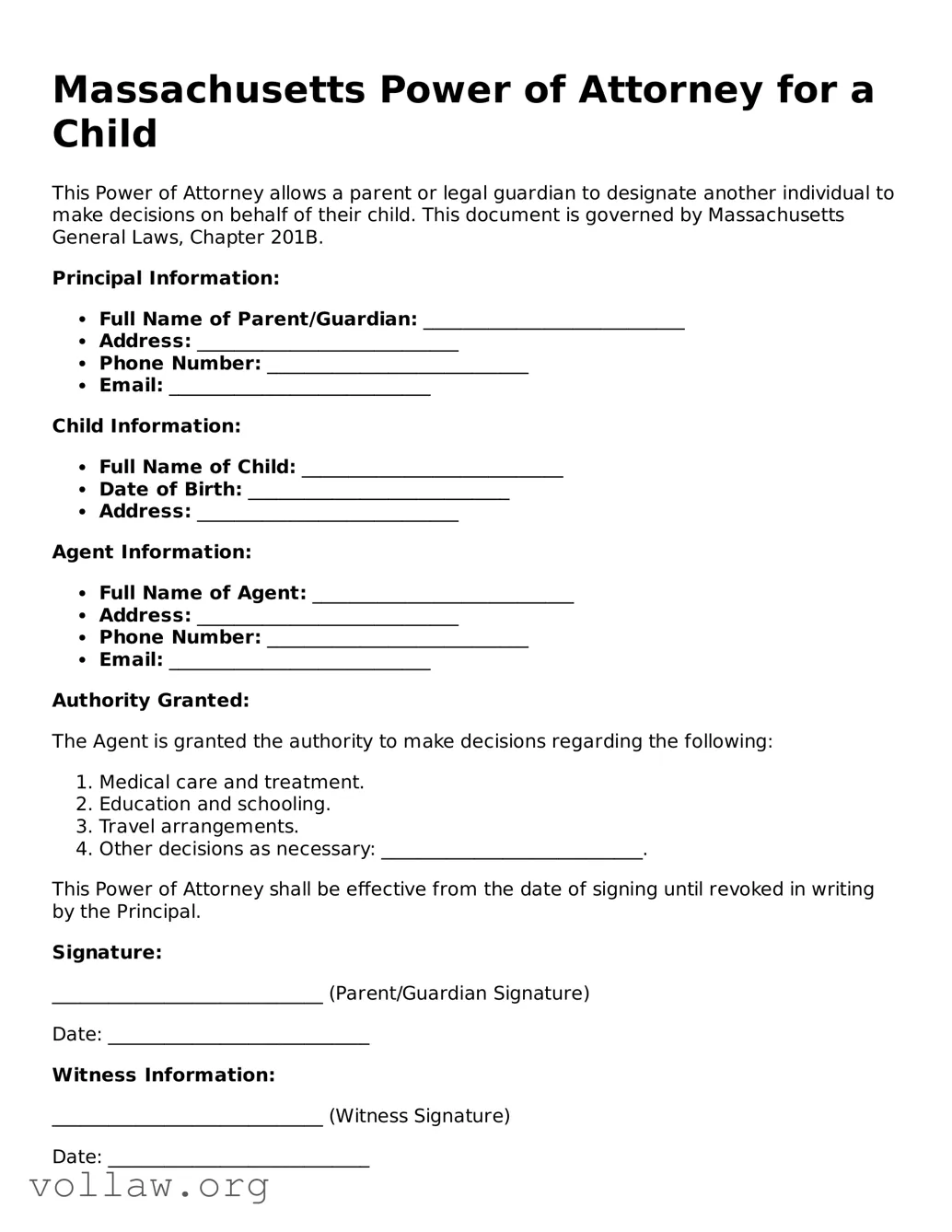 Attorney-Verified  Power of Attorney for a Child Form for Massachusetts