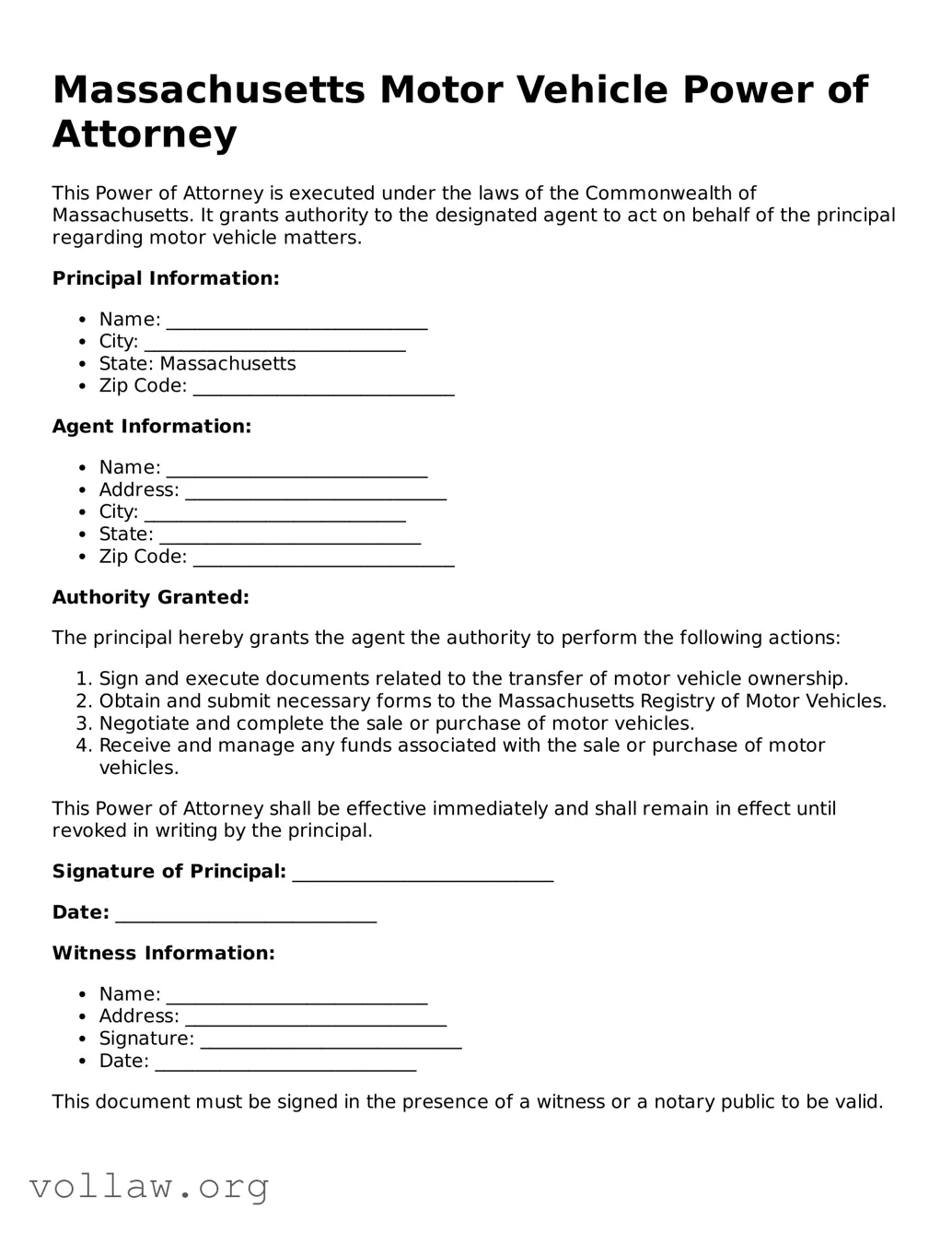 Attorney-Verified  Motor Vehicle Power of Attorney Form for Massachusetts