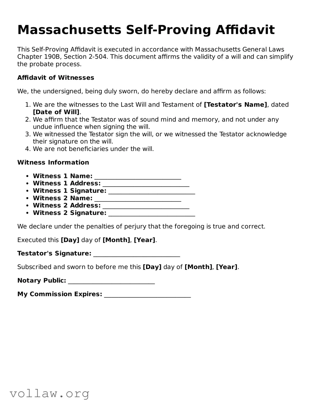 Attorney-Verified  Self-Proving Affidavit Form for Massachusetts