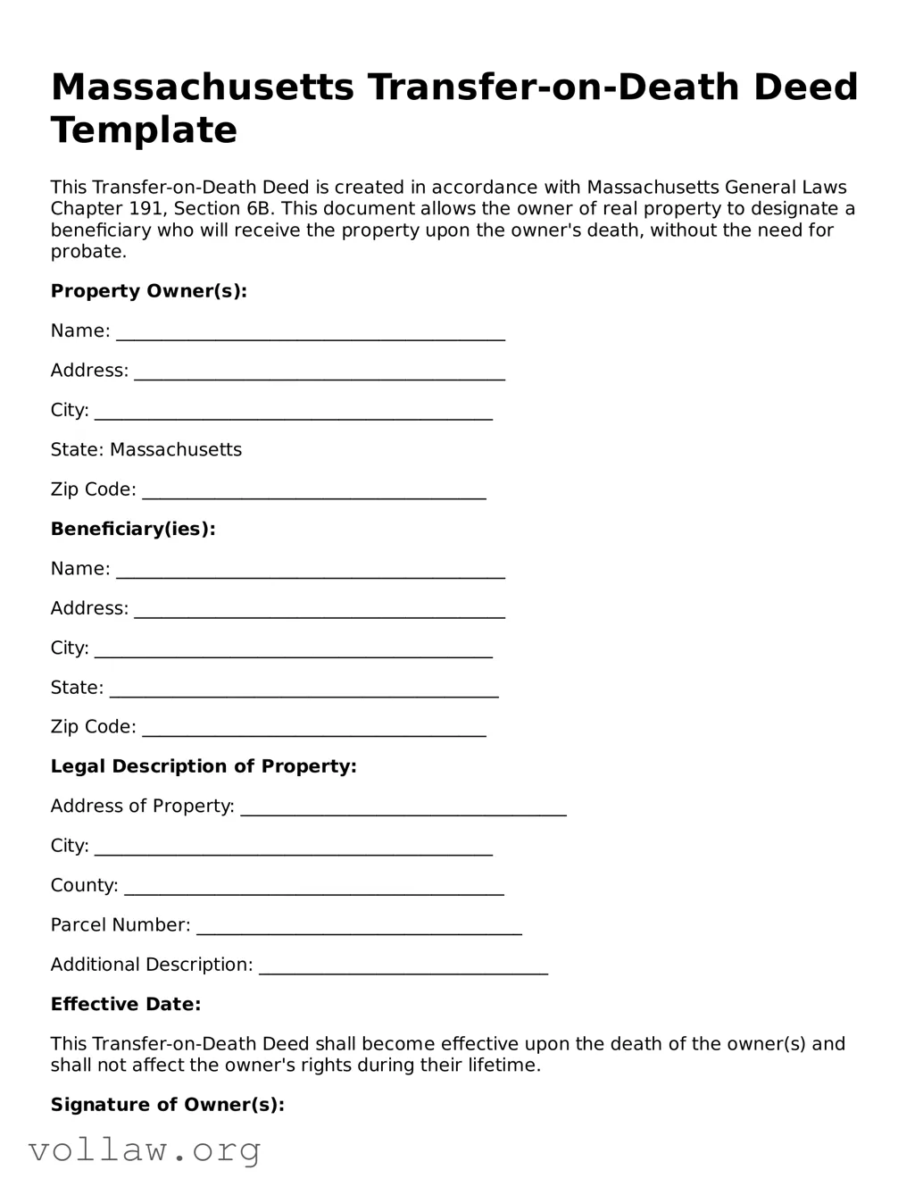 Attorney-Verified  Transfer-on-Death Deed Form for Massachusetts