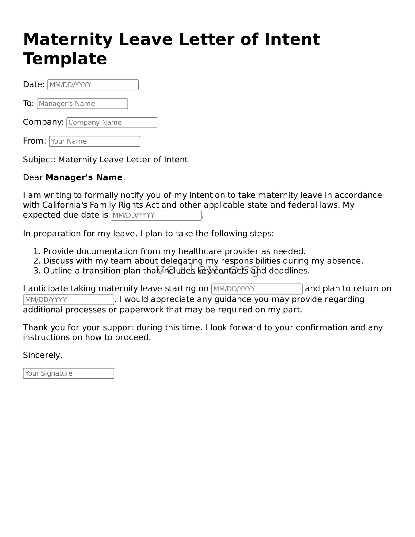 Free Maternity Leave Letter of Intent Form