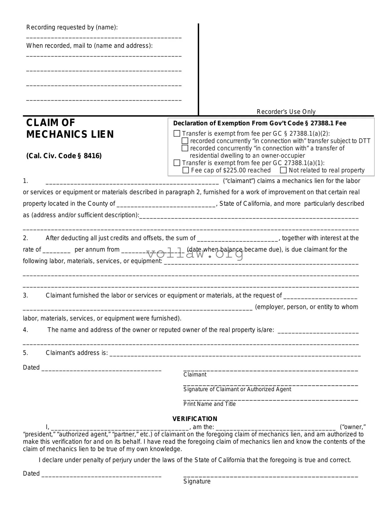 Mechanics Lien California Template