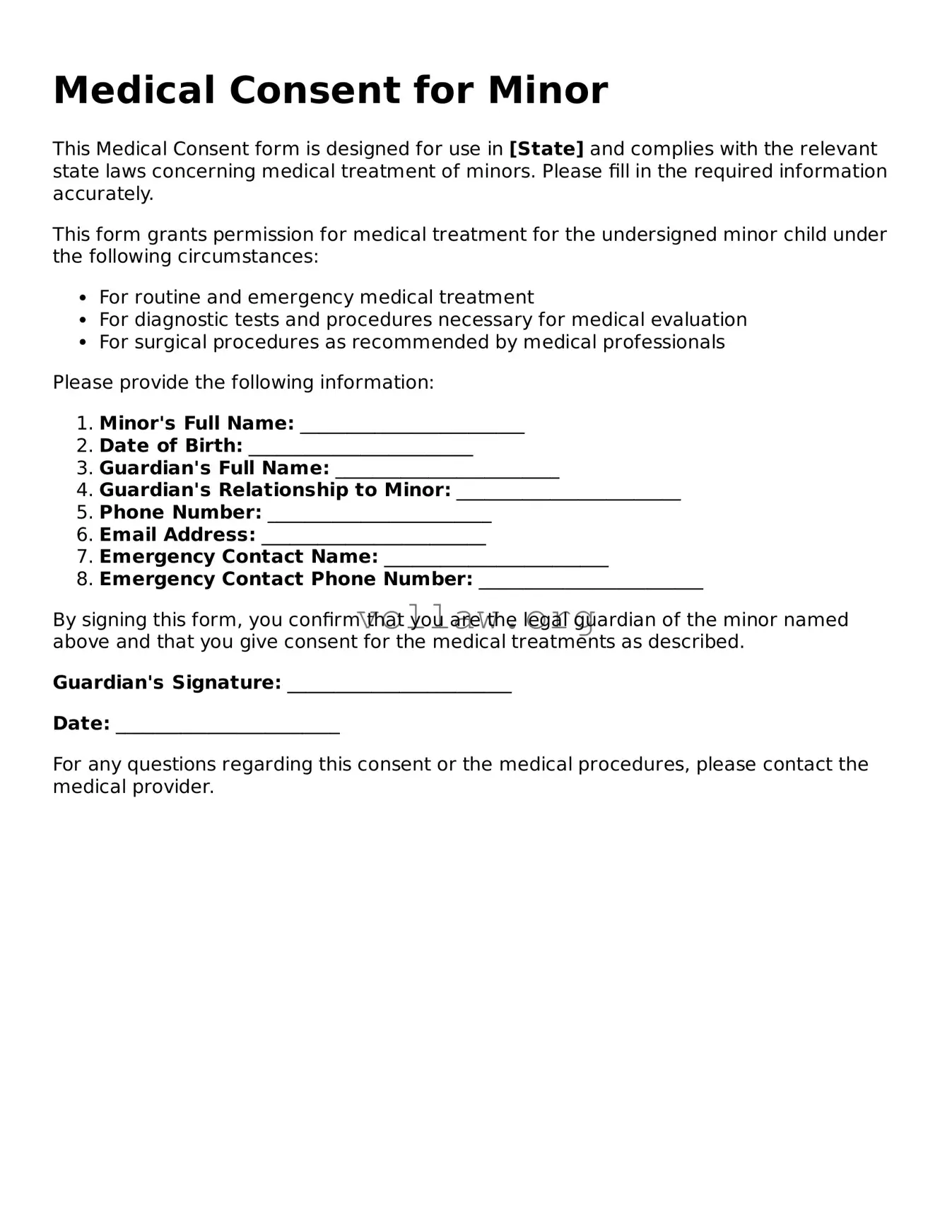 Free Medical Consent for Minor Form