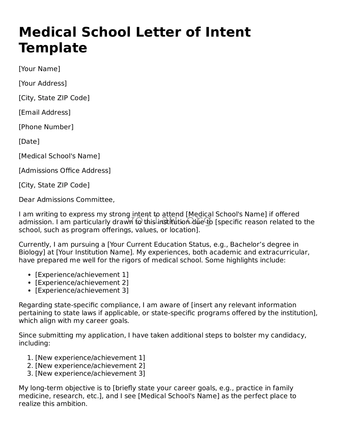 Free Medical School Letter of Intent Form