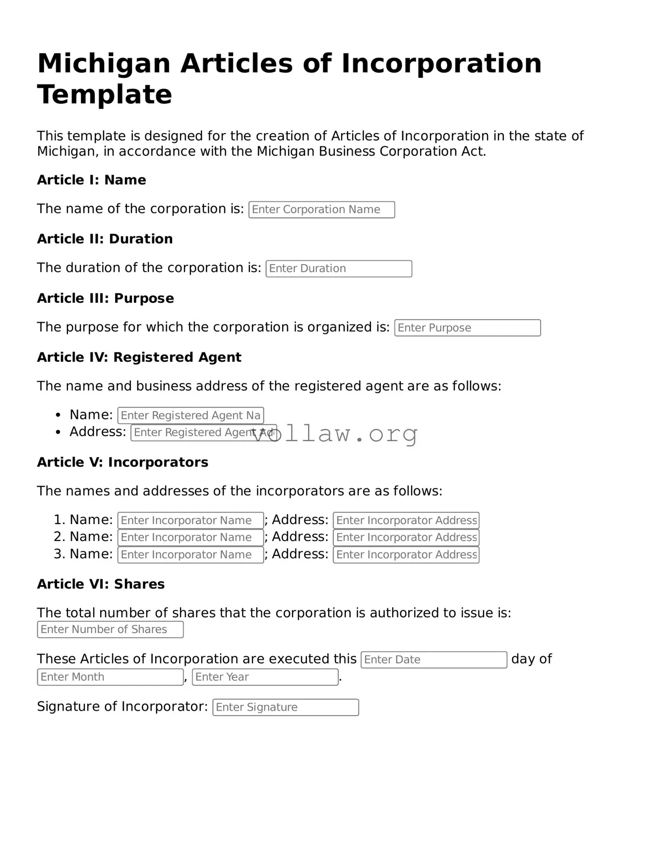 Attorney-Verified  Articles of Incorporation Form for Michigan