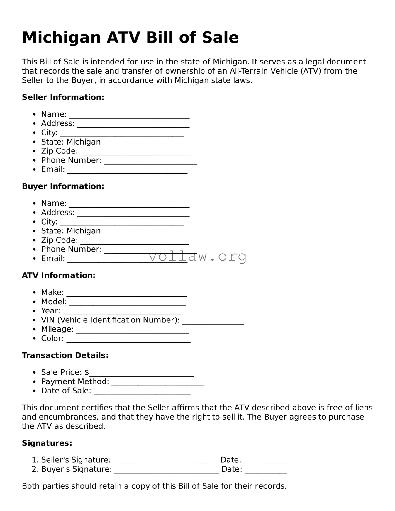 Attorney-Verified  ATV Bill of Sale Form for Michigan