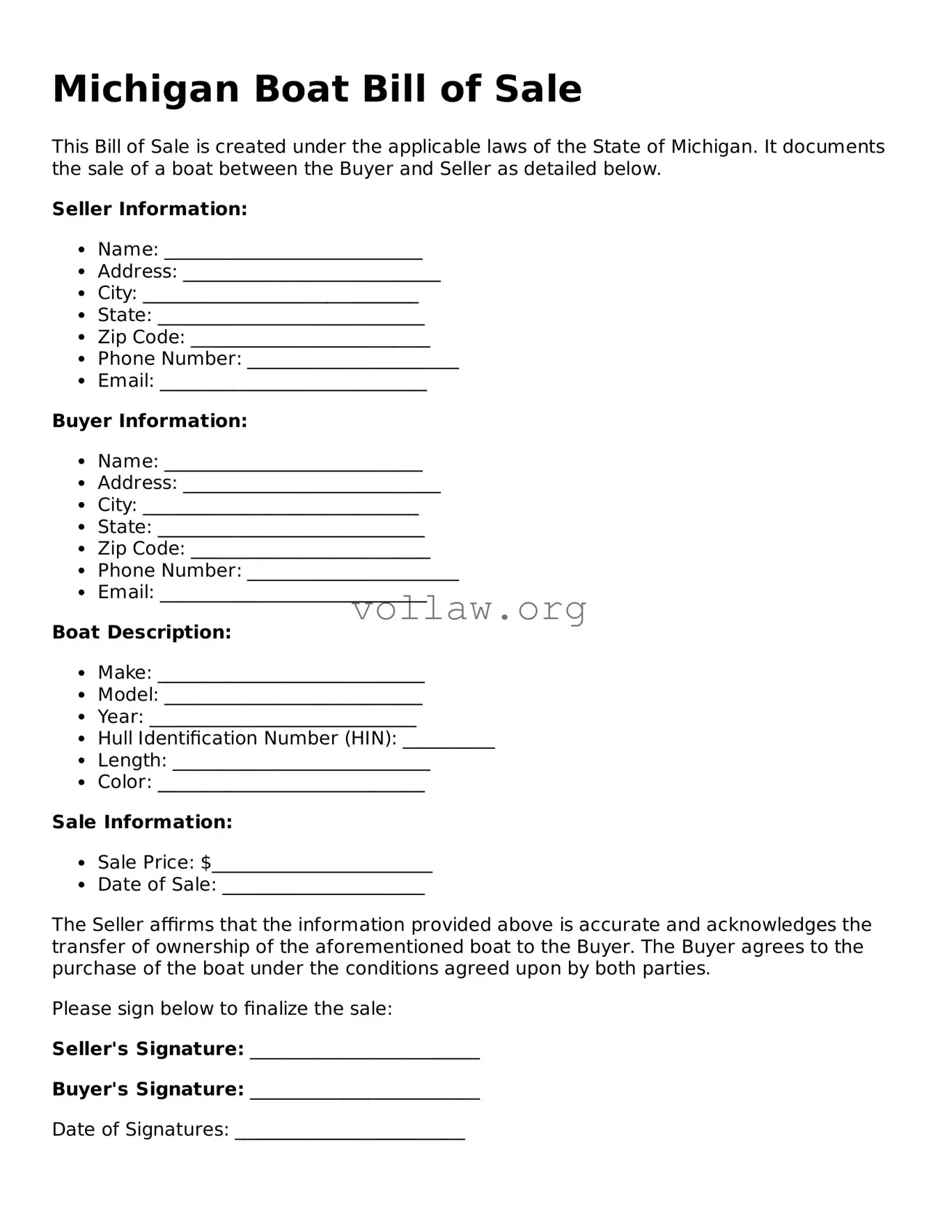 Attorney-Verified  Boat Bill of Sale Form for Michigan