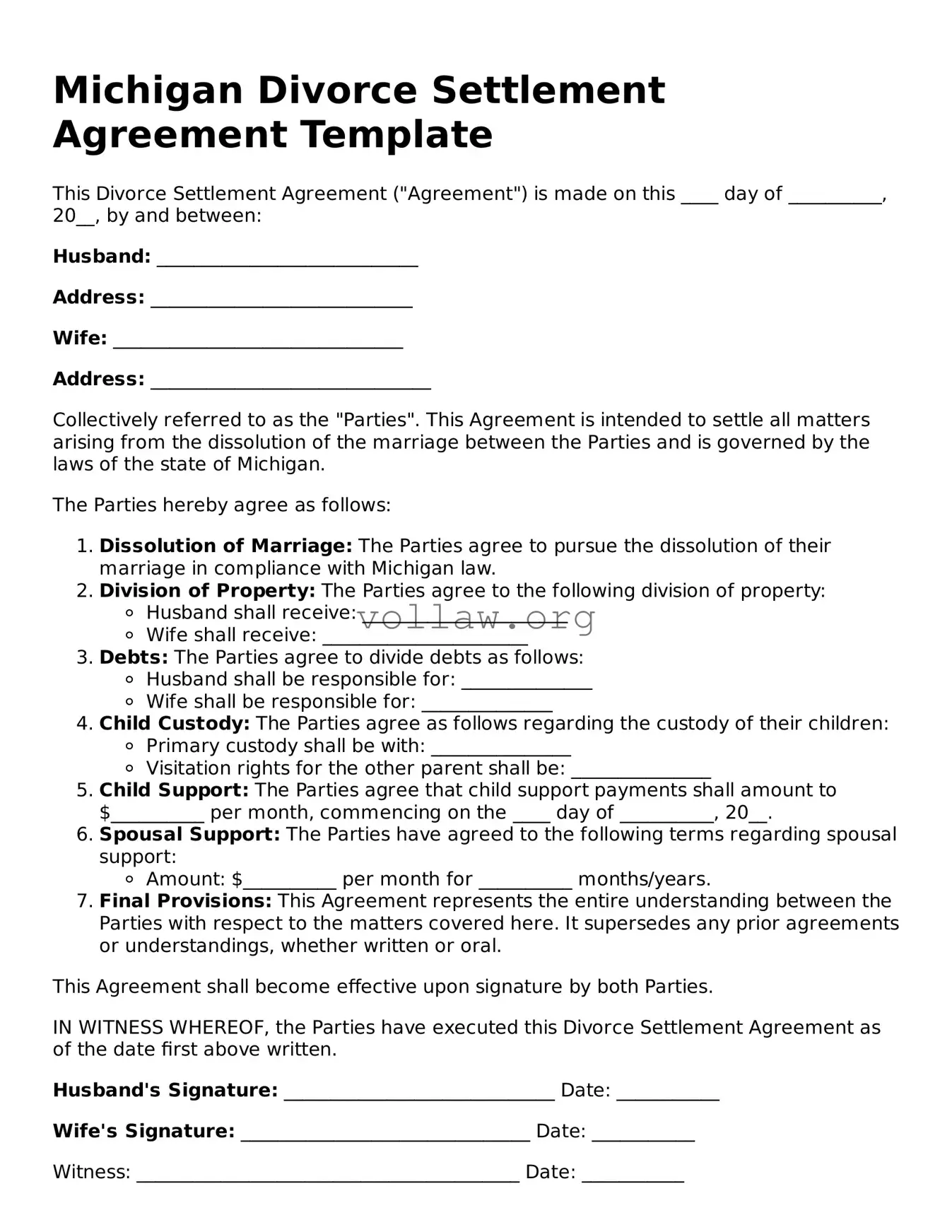 Attorney-Verified  Divorce Settlement Agreement Form for Michigan