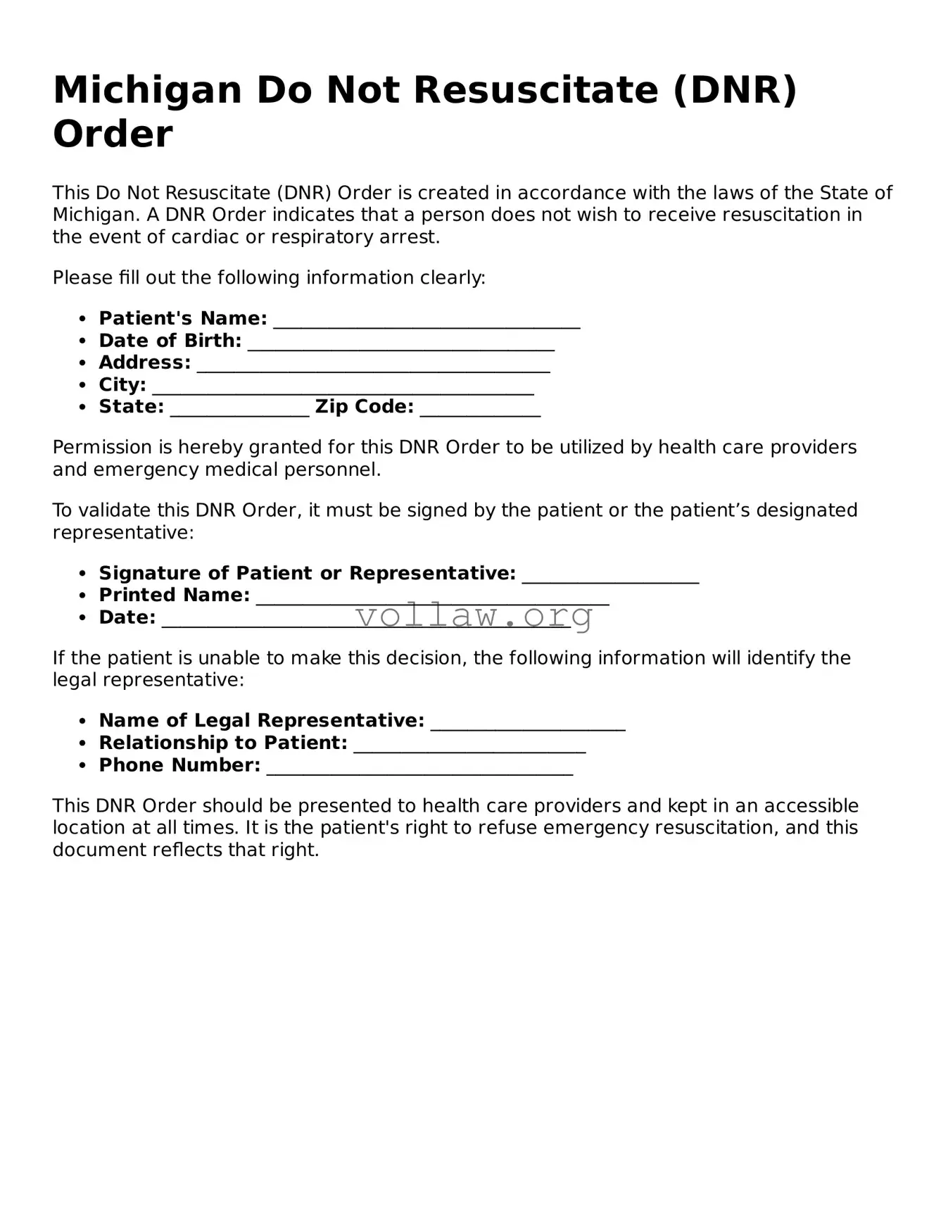 Attorney-Verified  Do Not Resuscitate Order Form for Michigan