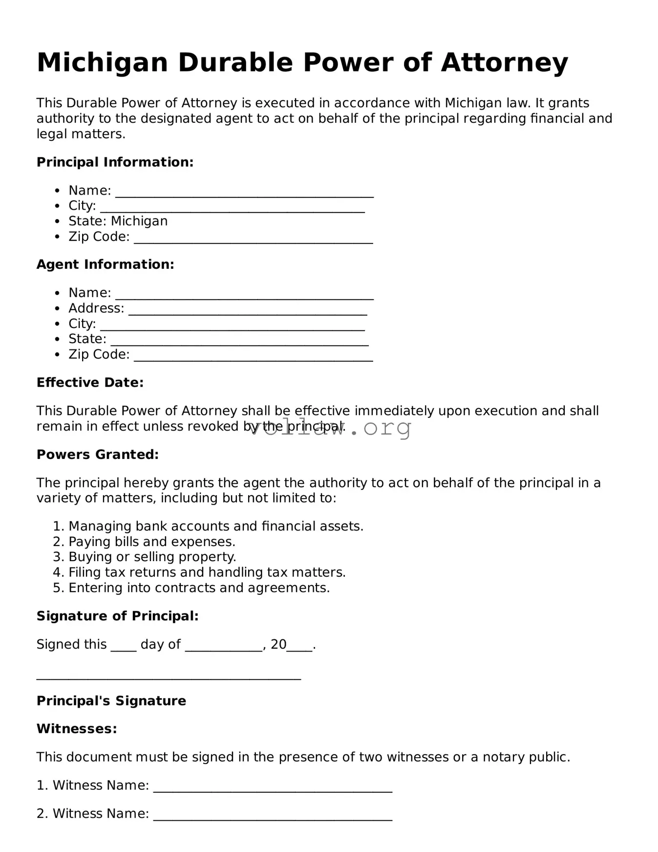Attorney-Verified  Durable Power of Attorney Form for Michigan