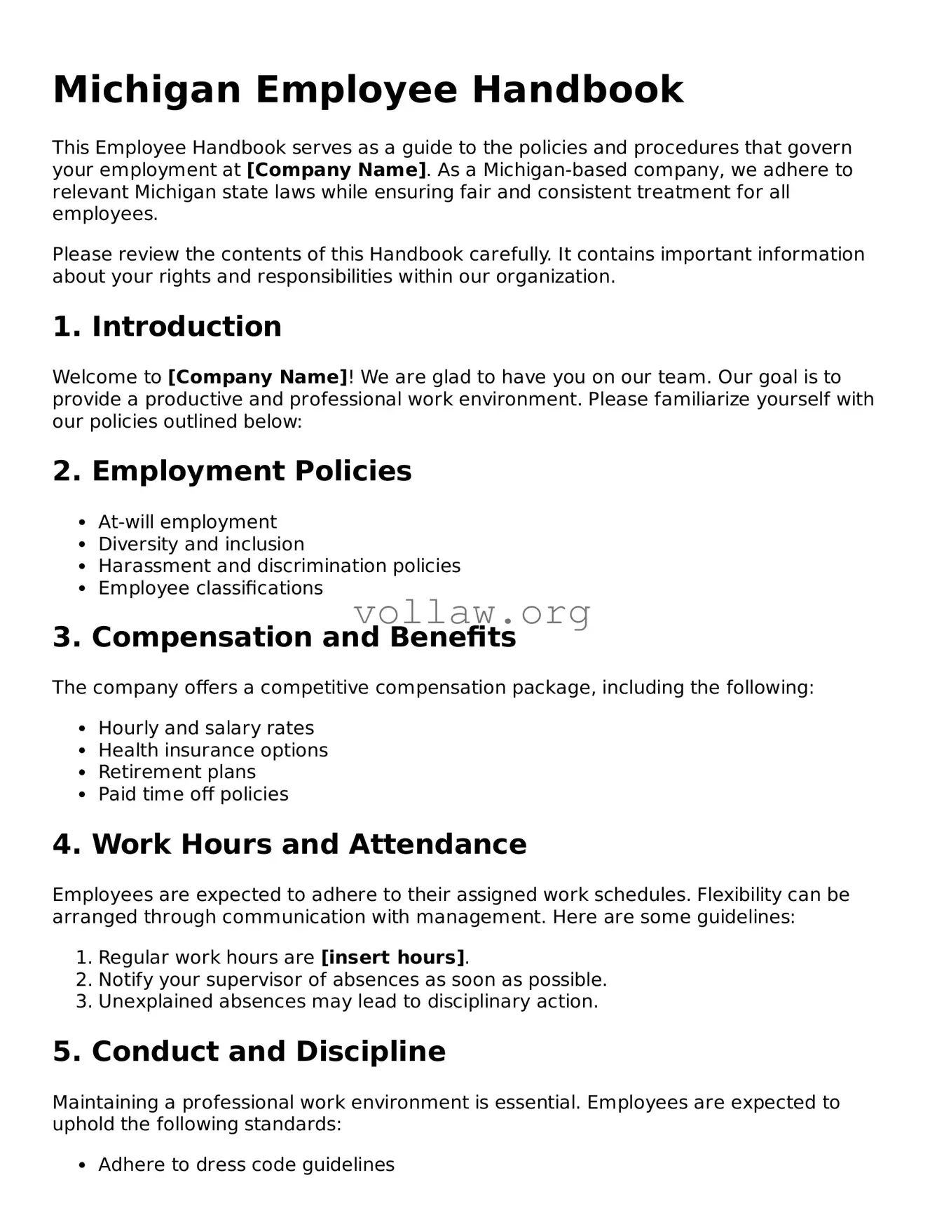 Attorney-Verified  Employee Handbook Form for Michigan