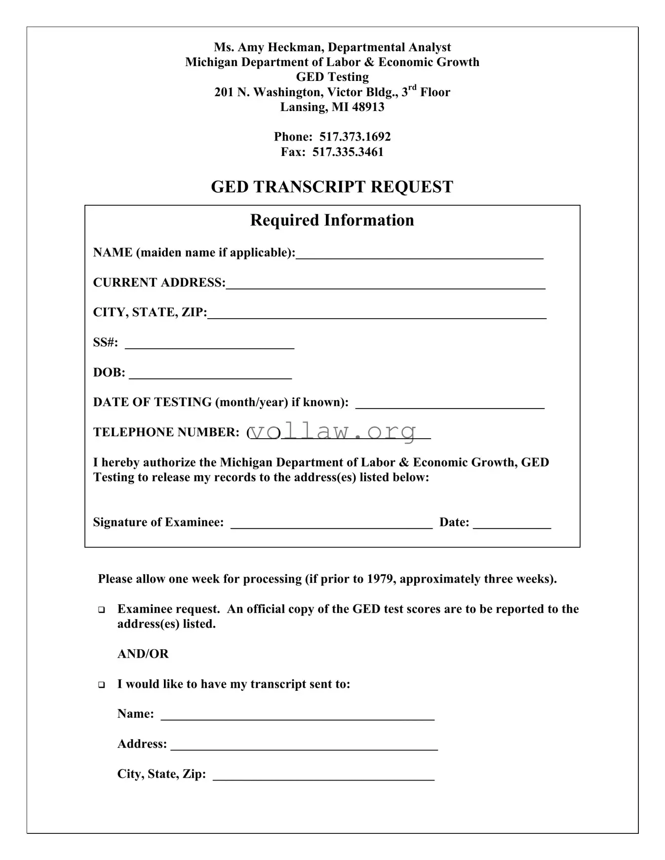 Michigan Ged Transcript Request Template