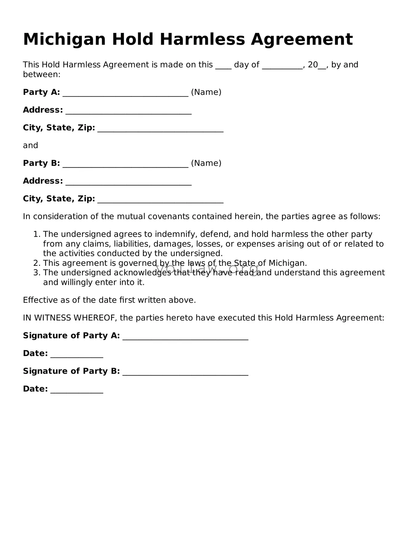 Attorney-Verified  Hold Harmless Agreement Form for Michigan