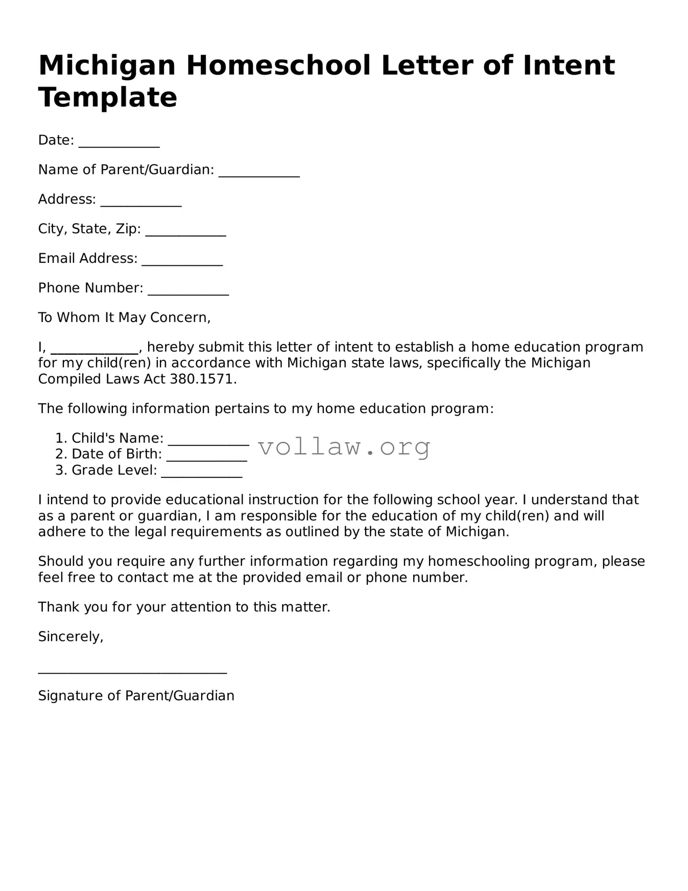 Attorney-Verified  Homeschool Letter of Intent Form for Michigan