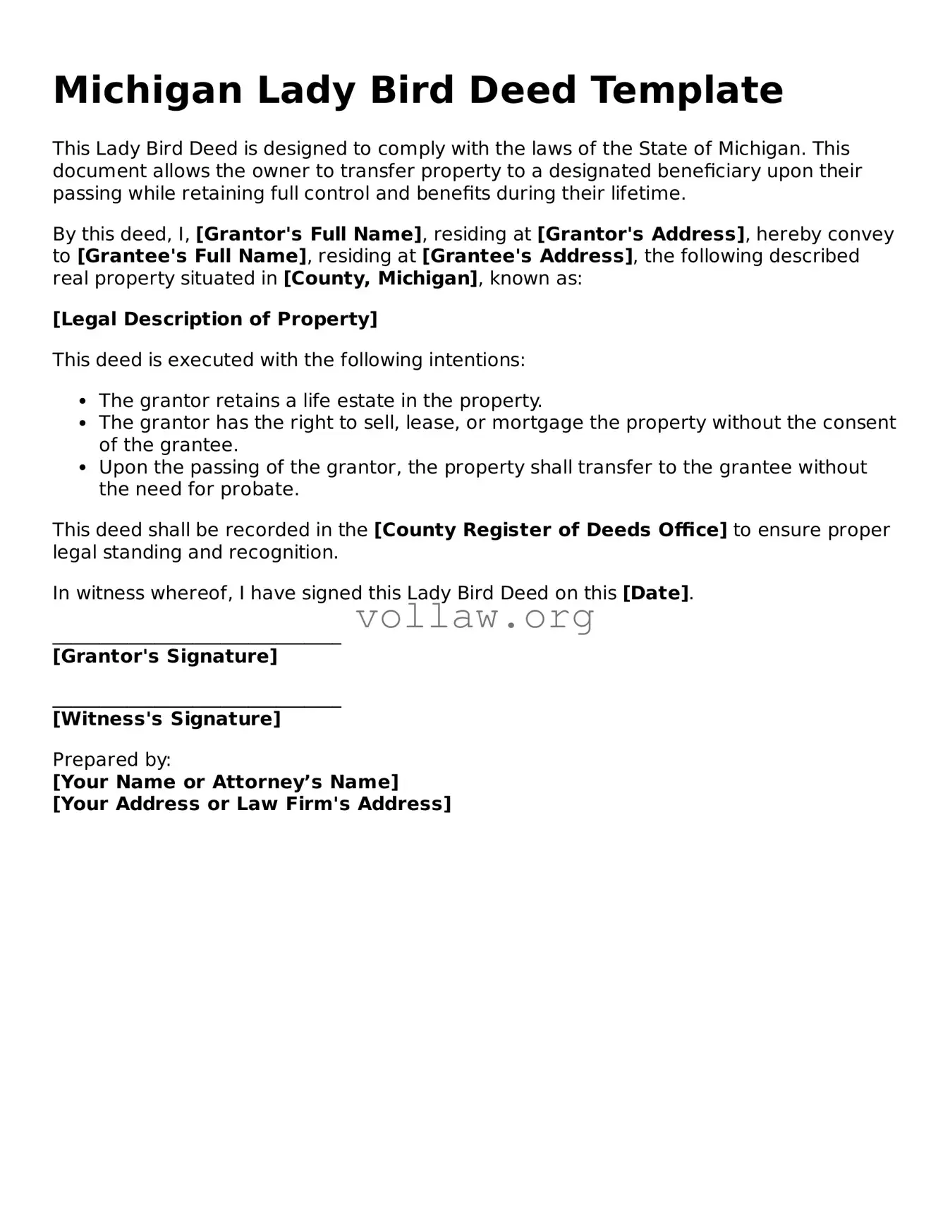 Attorney-Verified  Lady Bird Deed Form for Michigan