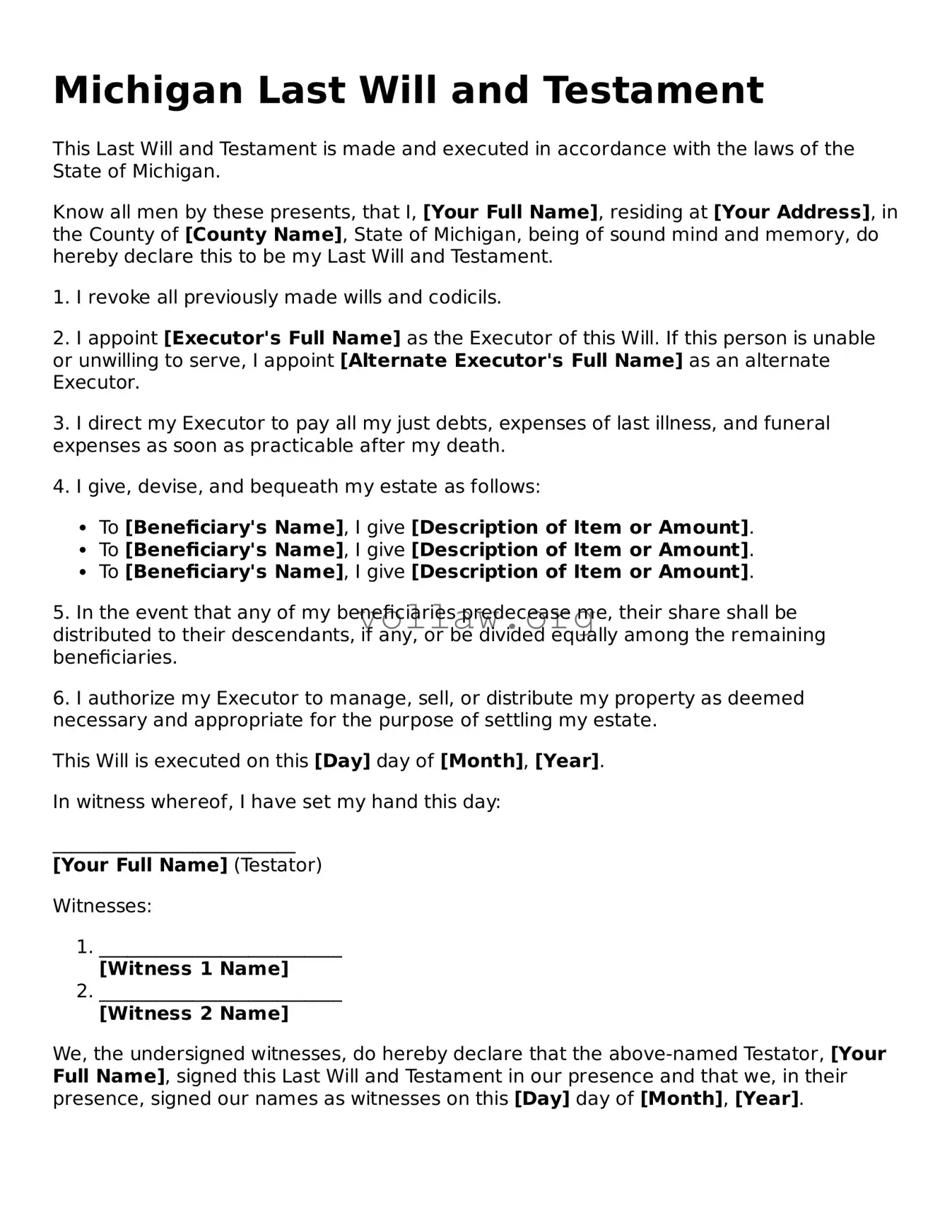 Attorney-Verified  Last Will and Testament Form for Michigan