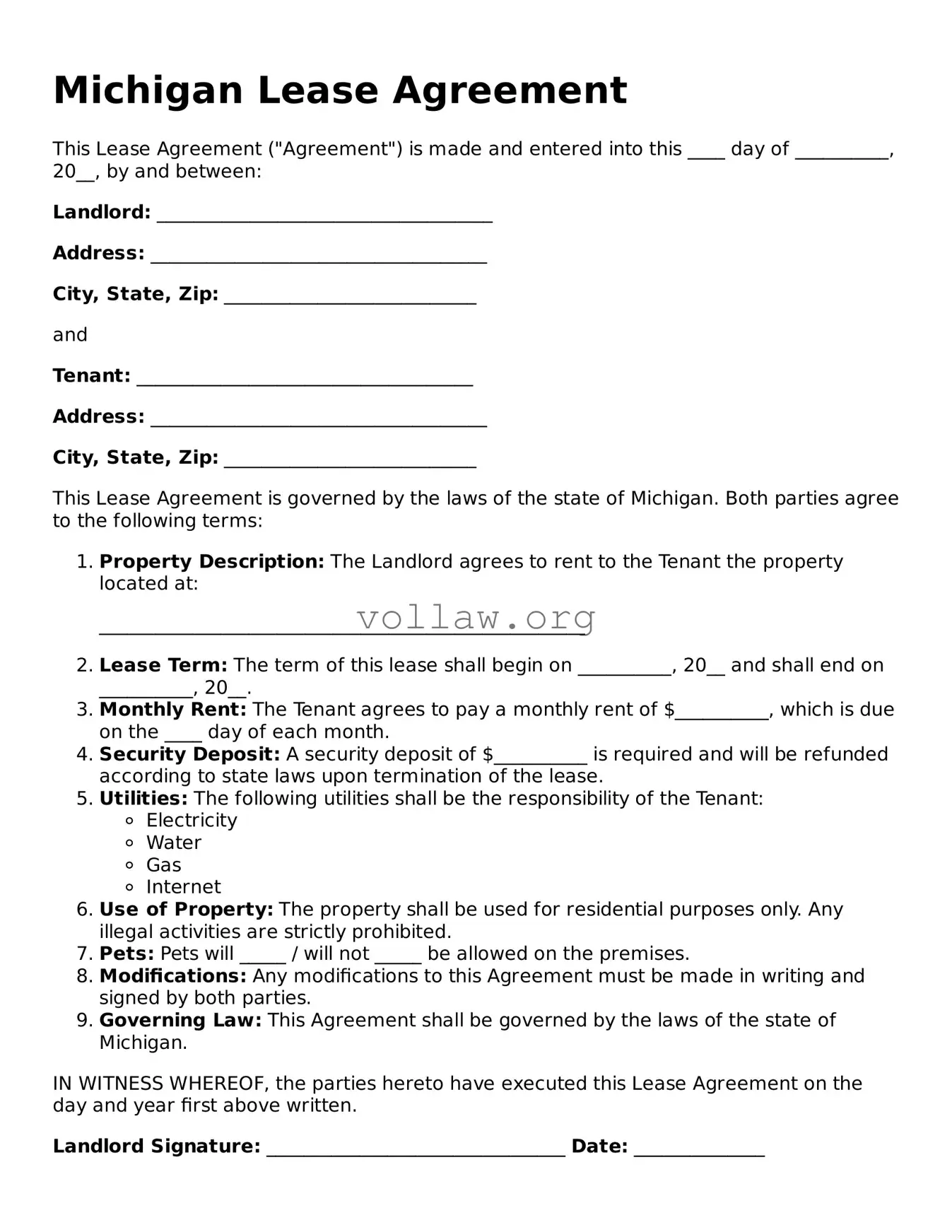 Attorney-Verified  Lease Agreement Form for Michigan