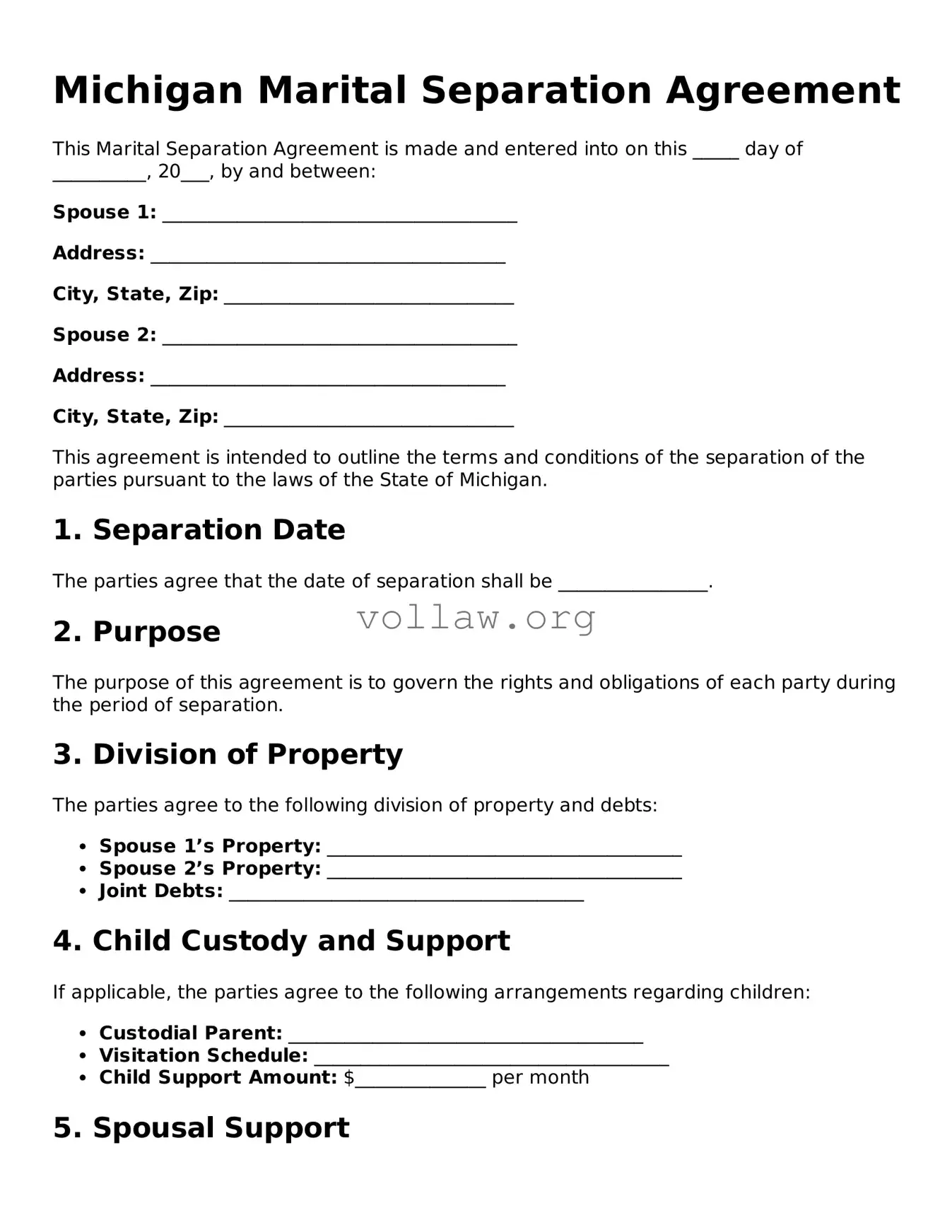 Attorney-Verified  Marital Separation Agreement Form for Michigan