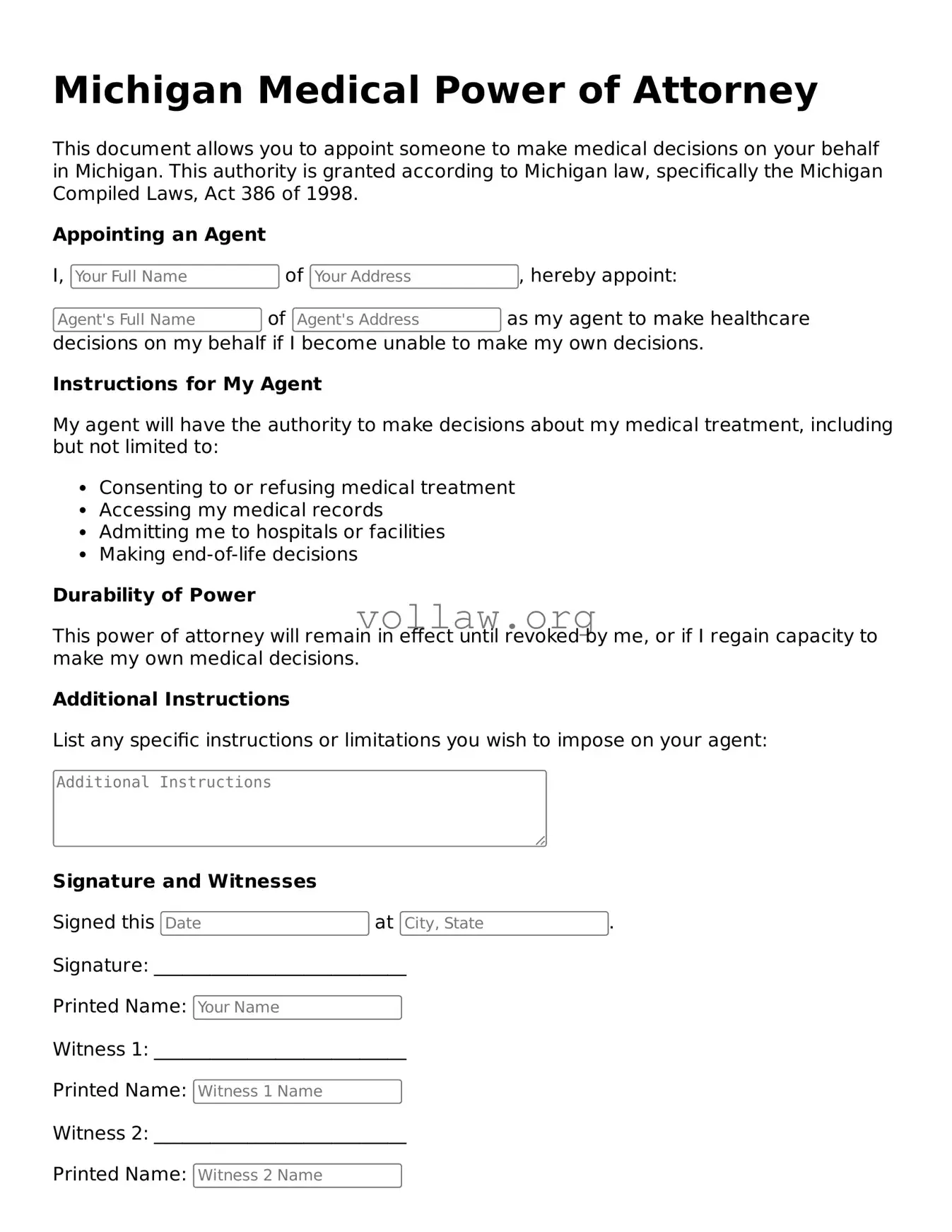 Attorney-Verified  Medical Power of Attorney Form for Michigan