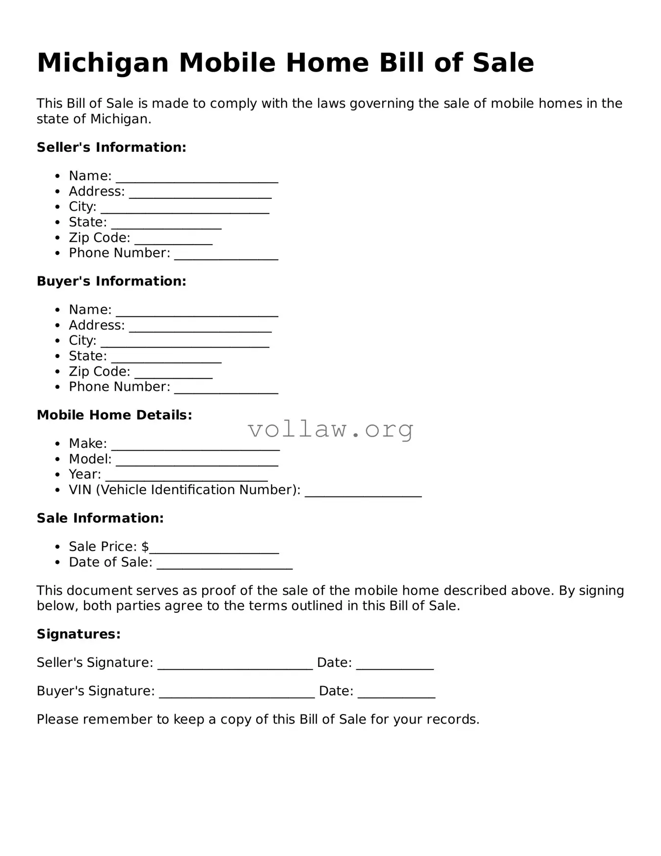 Attorney-Verified  Mobile Home Bill of Sale Form for Michigan