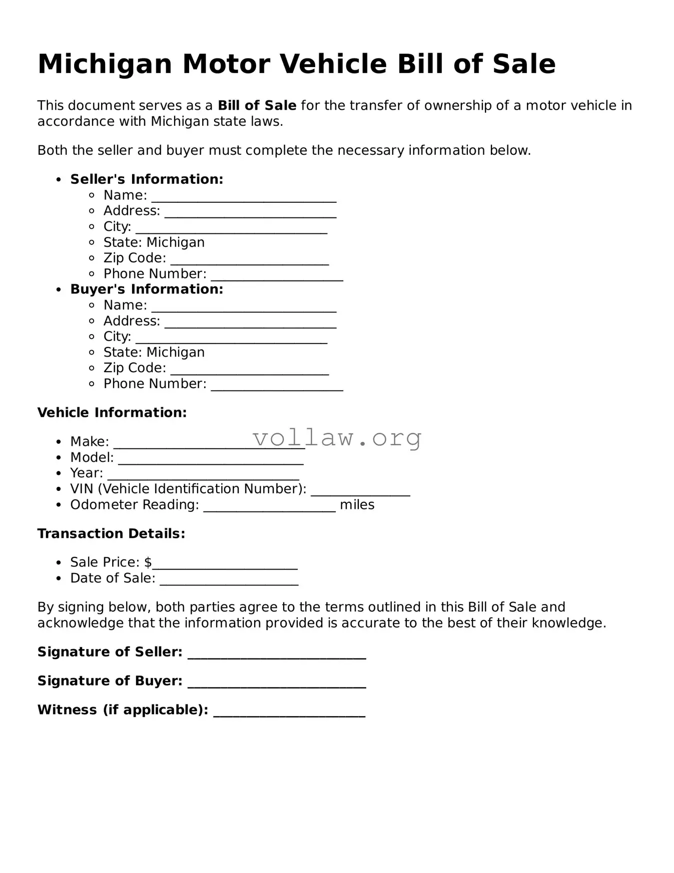 Attorney-Verified  Motor Vehicle Bill of Sale Form for Michigan