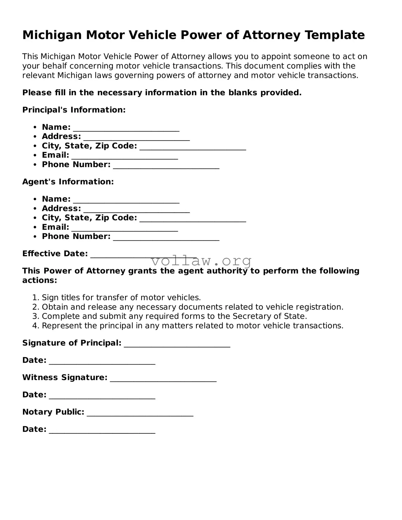 Attorney-Verified  Motor Vehicle Power of Attorney Form for Michigan