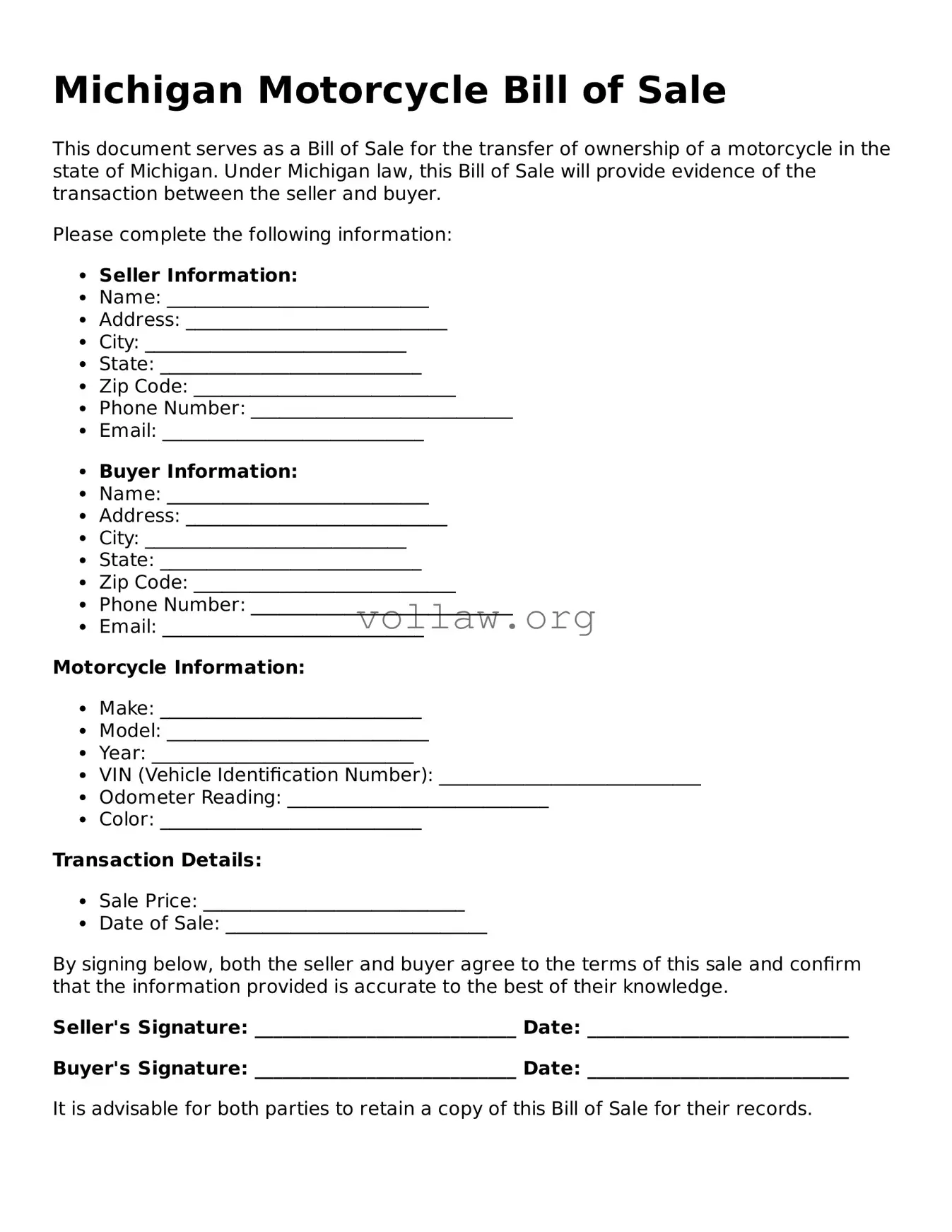 Attorney-Verified  Motorcycle Bill of Sale Form for Michigan