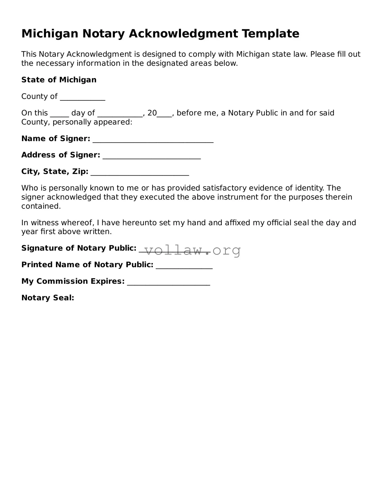 Attorney-Verified  Notary Acknowledgement Form for Michigan