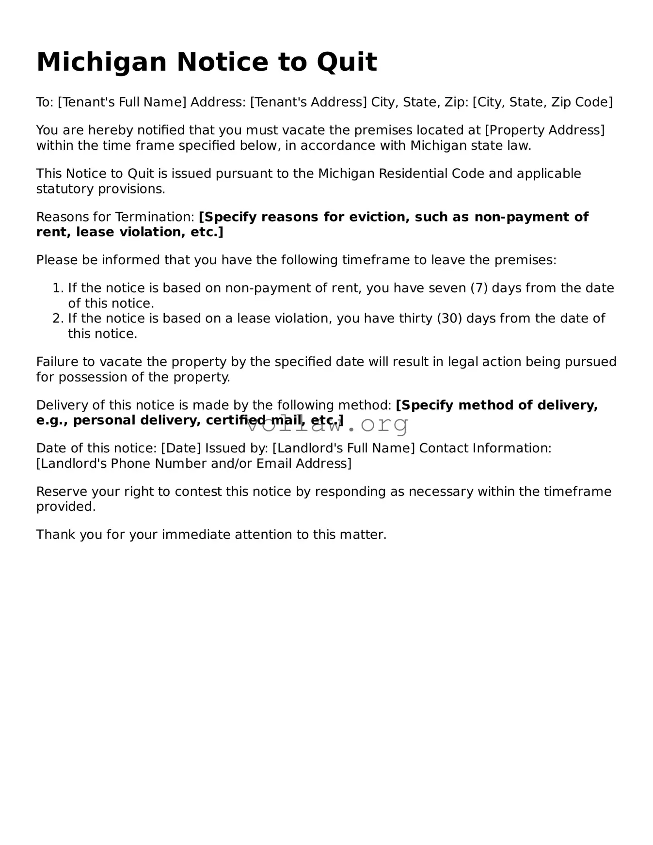 Attorney-Verified  Notice to Quit Form for Michigan