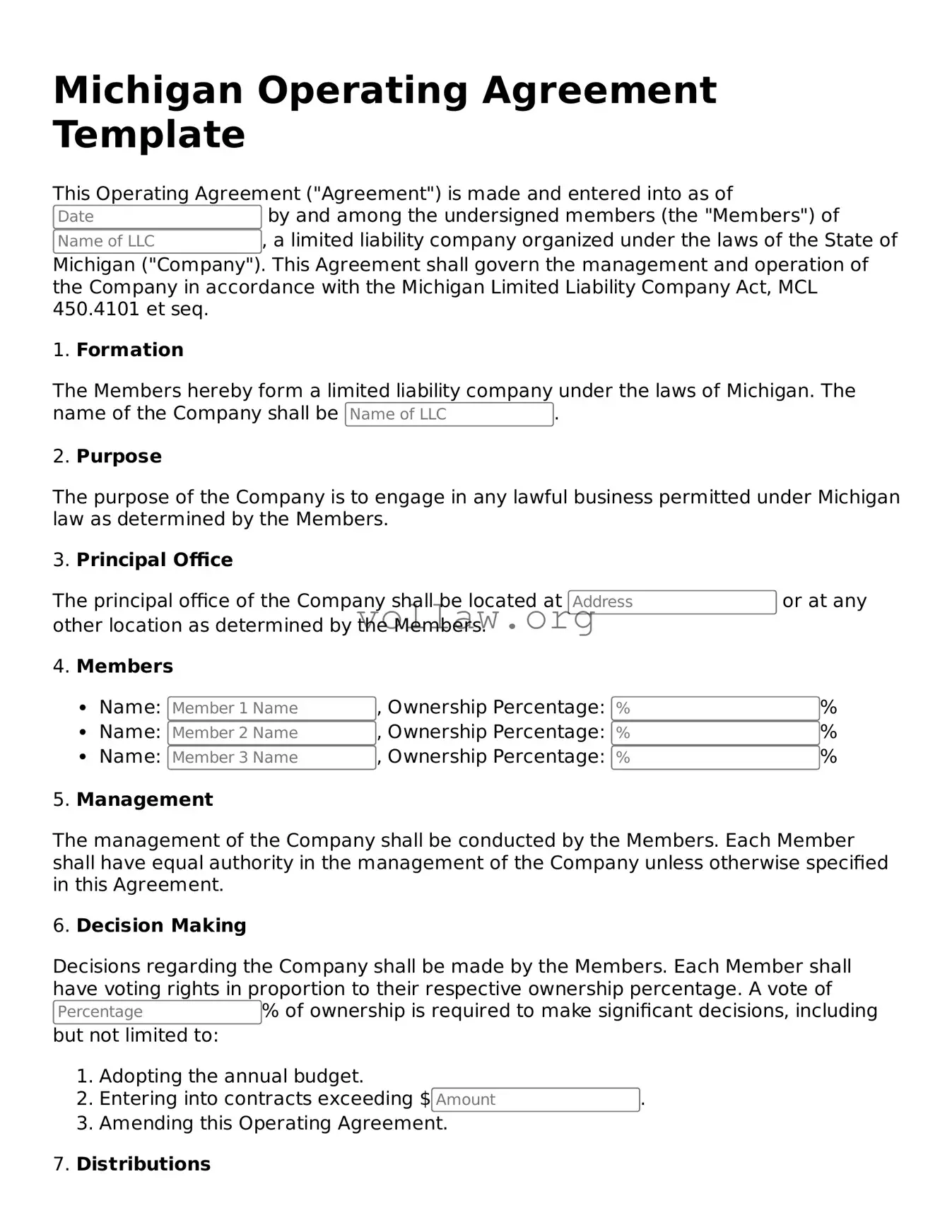 Attorney-Verified  Operating Agreement Form for Michigan