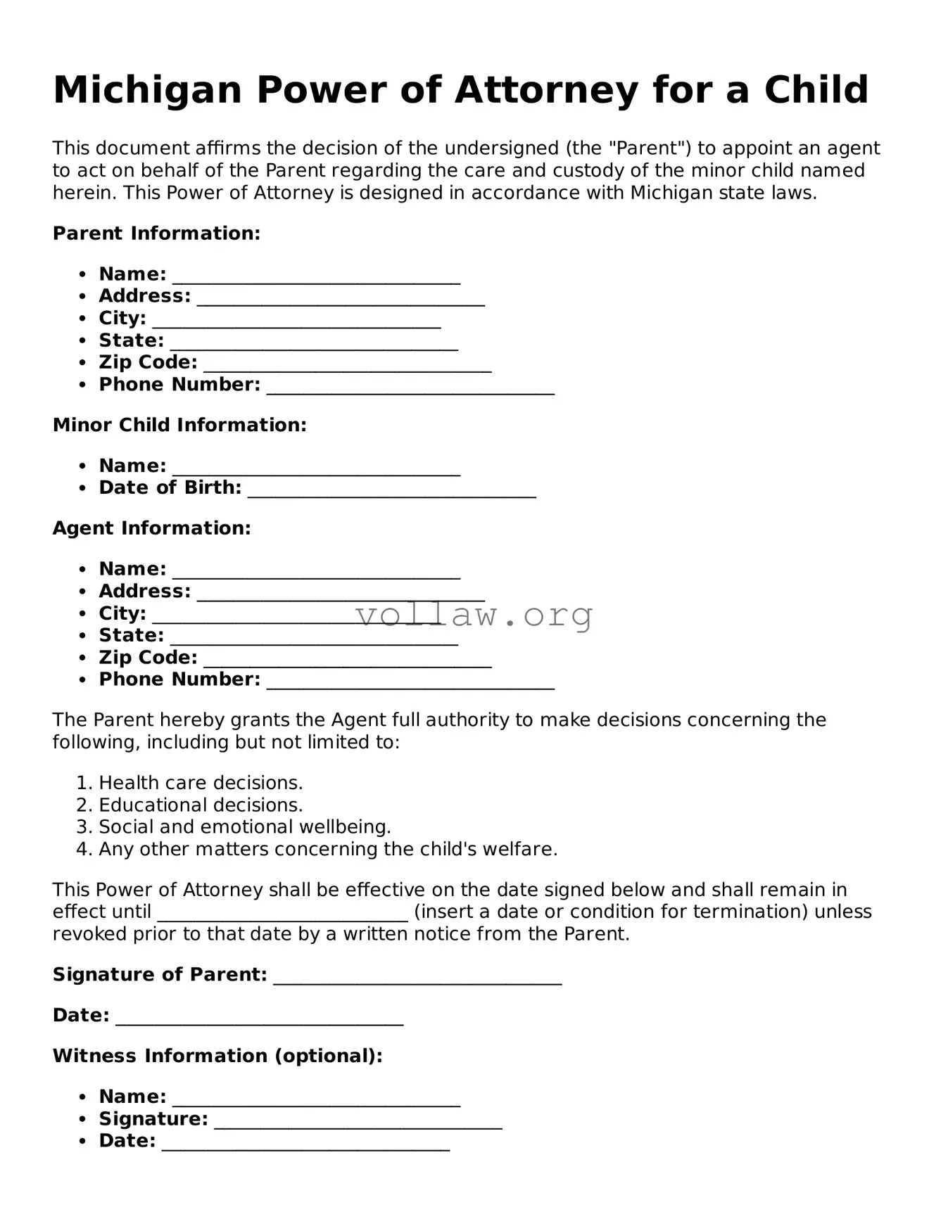 Attorney-Verified  Power of Attorney for a Child Form for Michigan