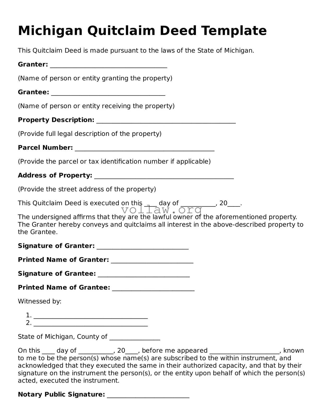 Attorney-Verified  Quitclaim Deed Form for Michigan