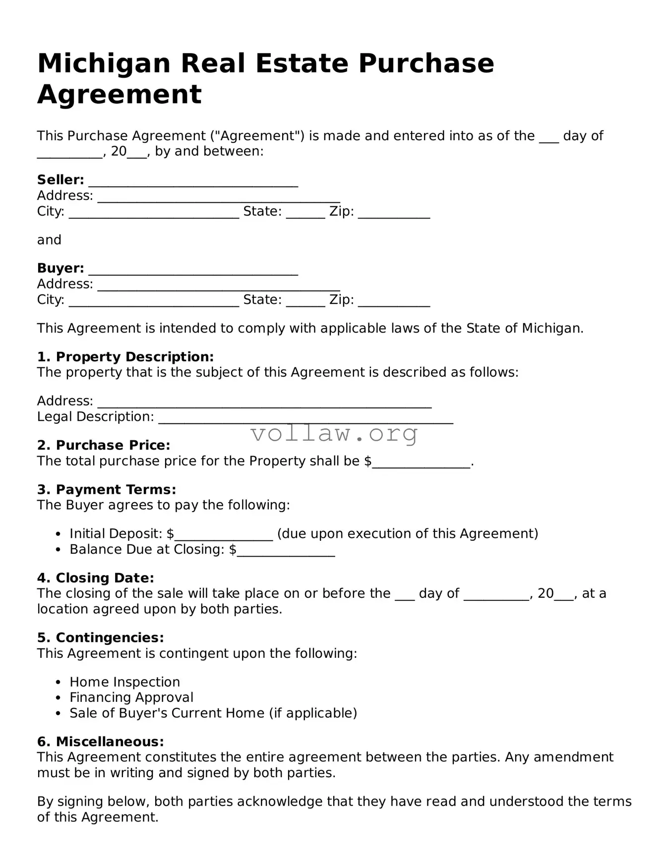 Attorney-Verified  Real Estate Purchase Agreement Form for Michigan