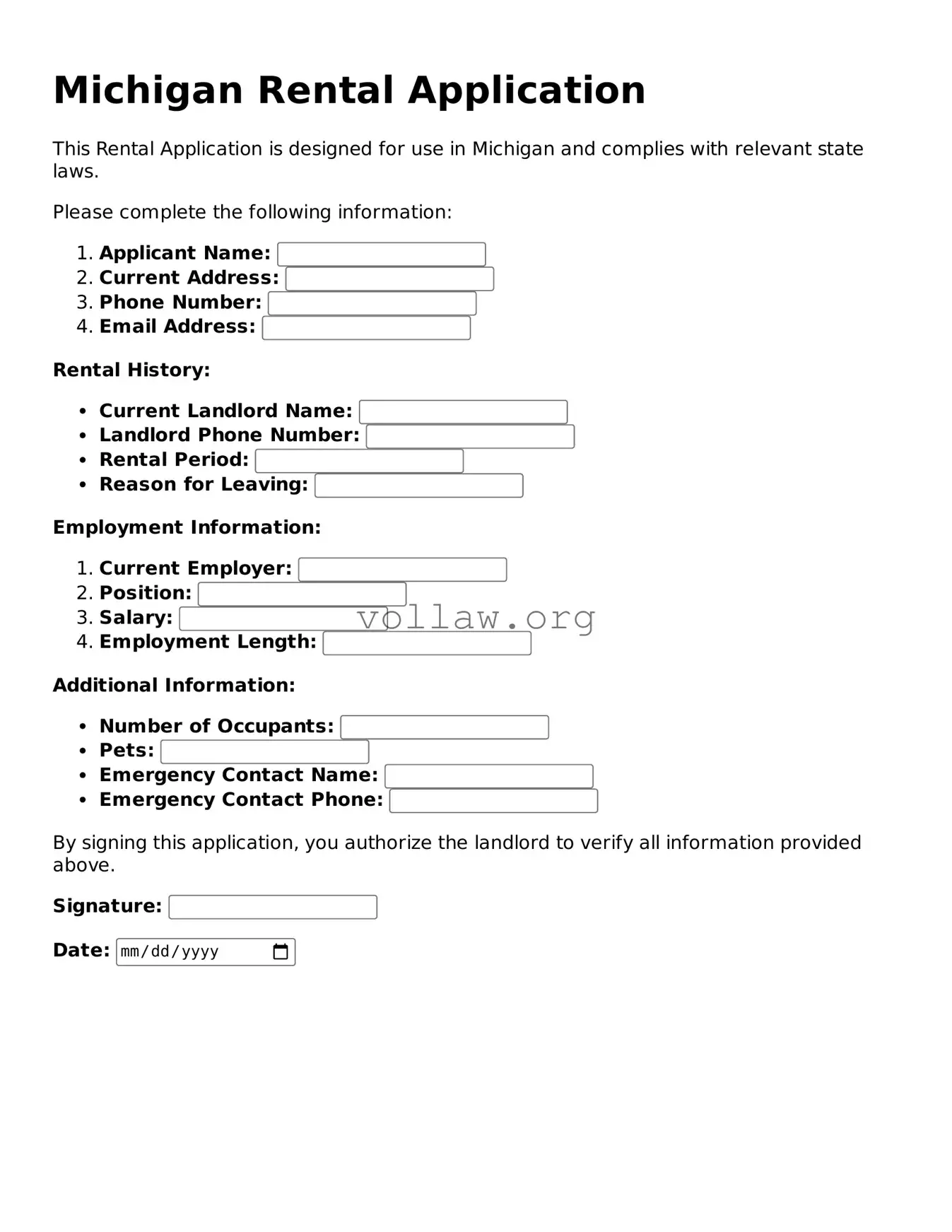Attorney-Verified  Rental Application Form for Michigan