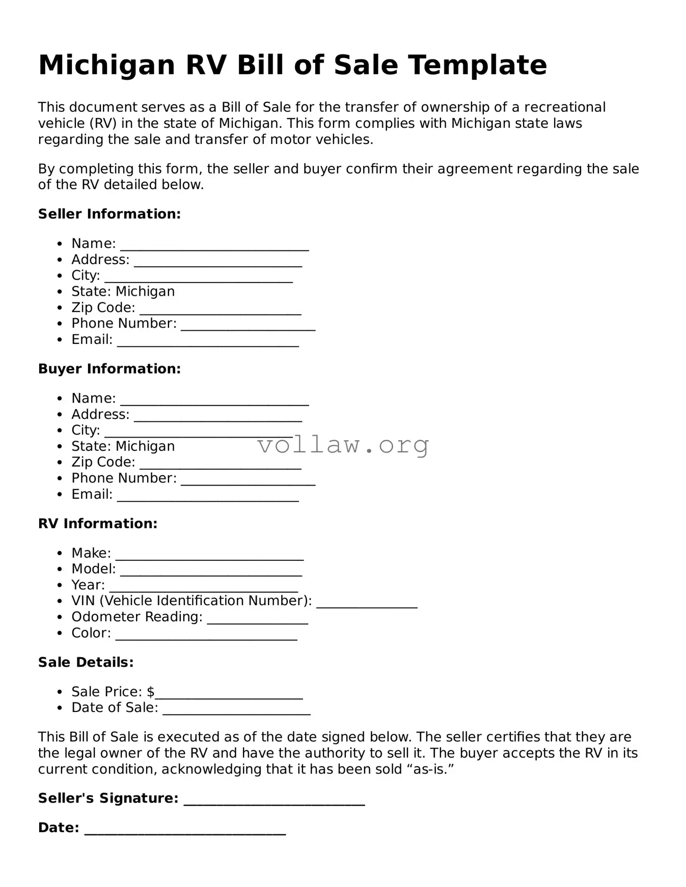 Attorney-Verified  RV Bill of Sale Form for Michigan