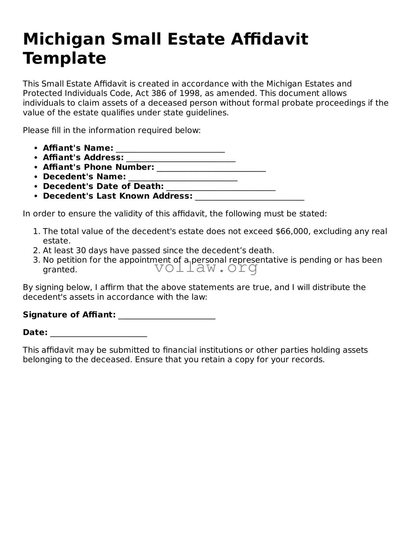 Attorney-Verified  Small Estate Affidavit Form for Michigan