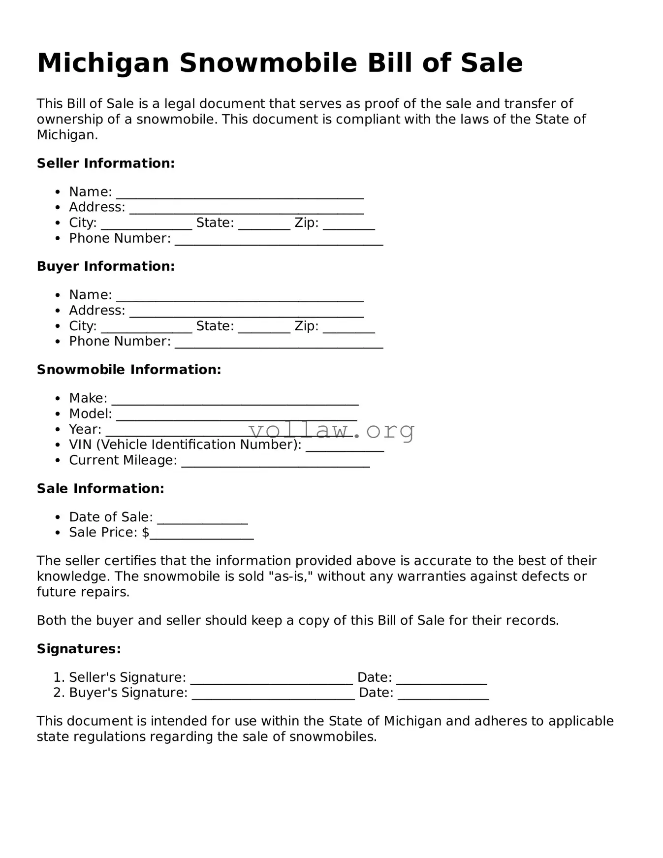 Attorney-Verified  Snowmobile Bill of Sale Form for Michigan
