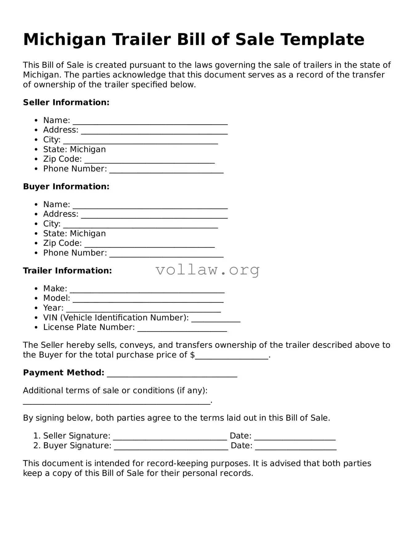 Attorney-Verified  Trailer Bill of Sale Form for Michigan