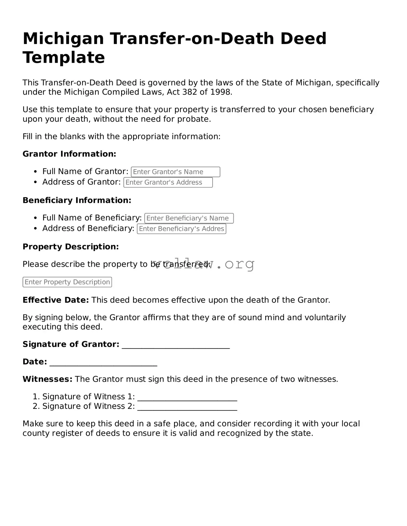 Attorney-Verified  Transfer-on-Death Deed Form for Michigan