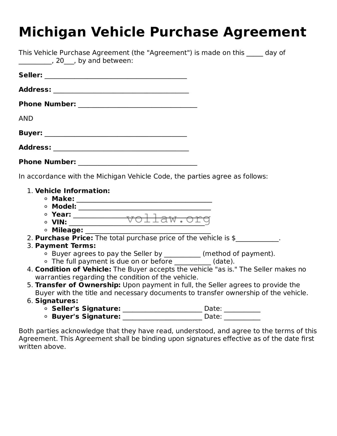 Attorney-Verified  Vehicle Purchase Agreement Form for Michigan