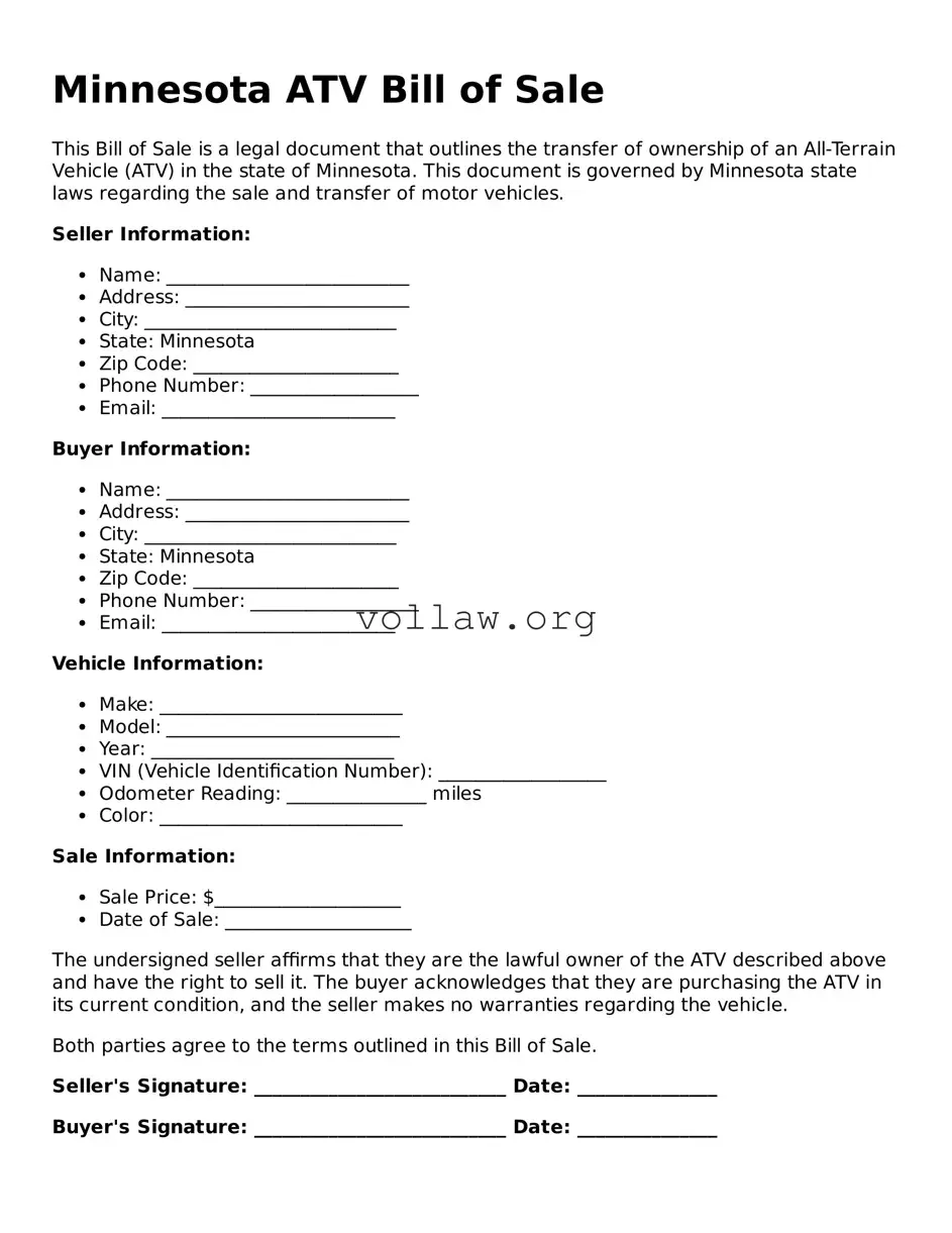 Attorney-Verified  ATV Bill of Sale Form for Minnesota