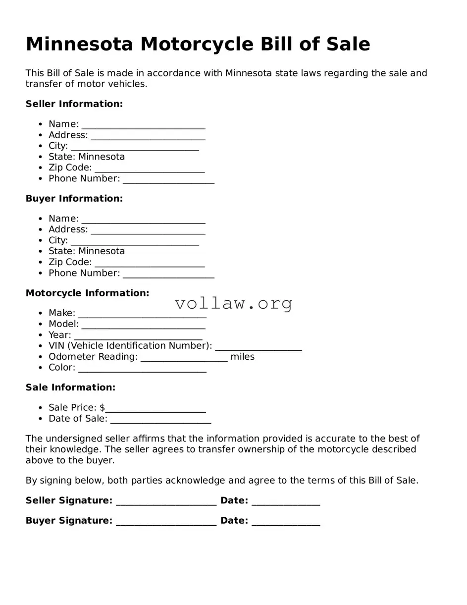 Attorney-Verified  Motorcycle Bill of Sale Form for Minnesota