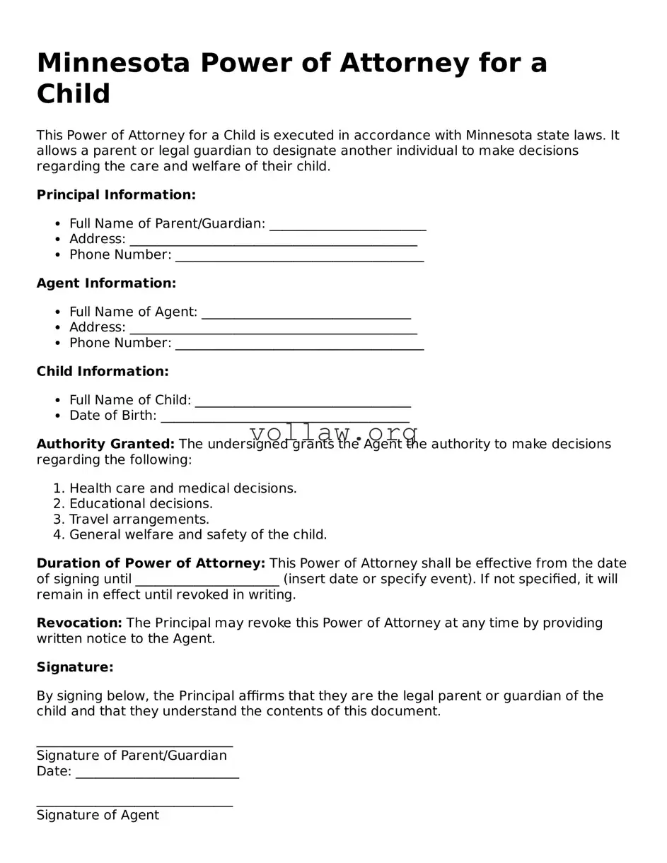 Attorney-Verified  Power of Attorney for a Child Form for Minnesota